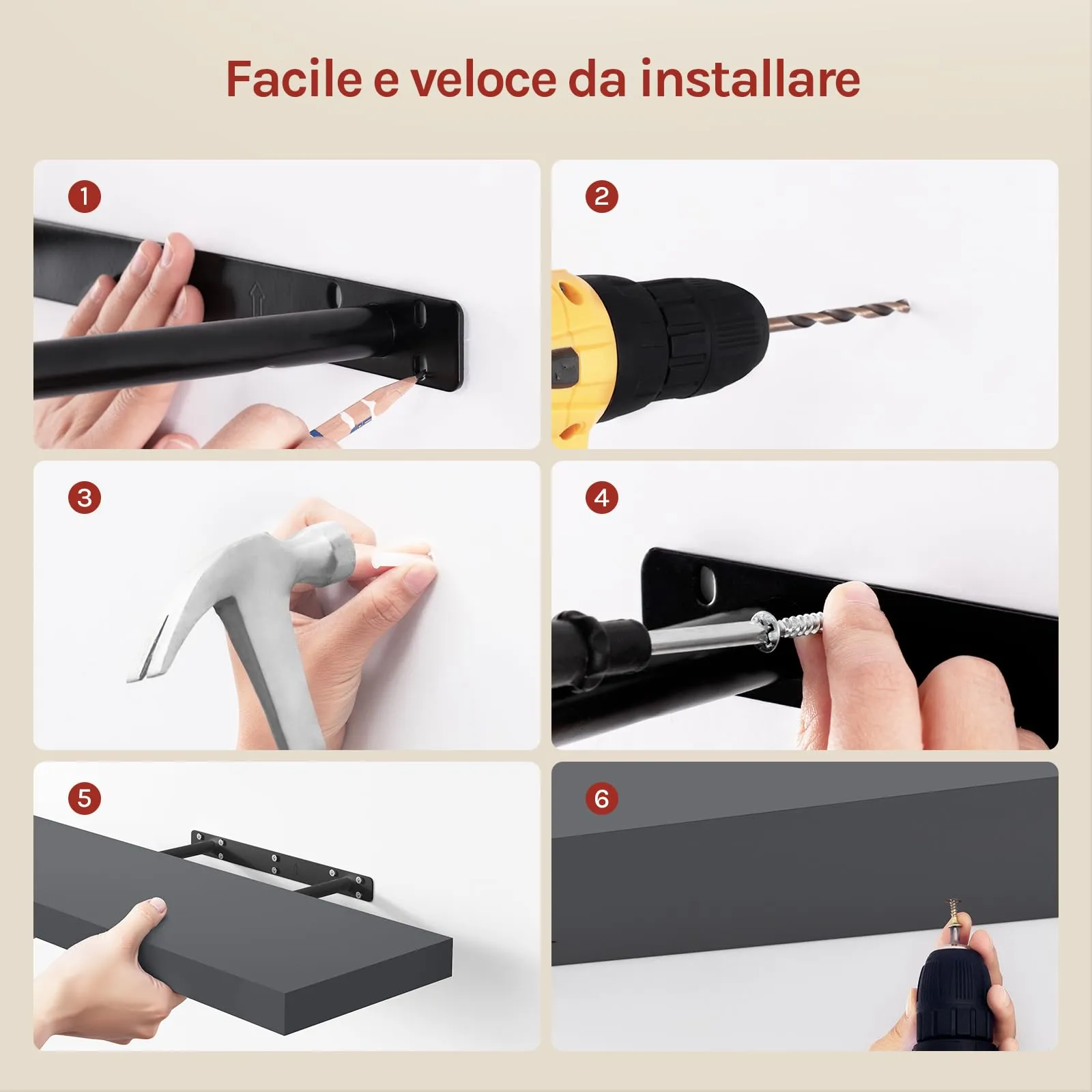 WOLTU Mensola da Muro in MDF, Grigio Scuro, 70x22.9x3.8cm - immagine 4
