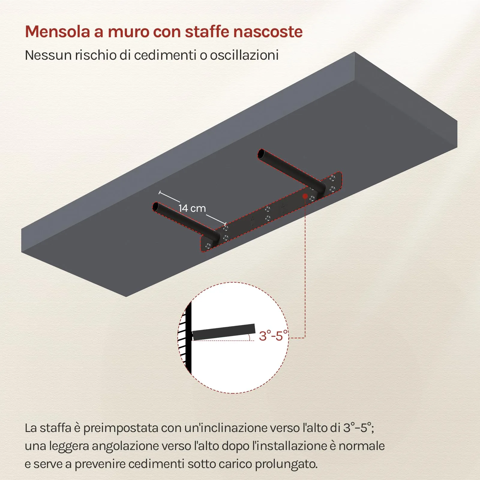 WOLTU Mensola da Muro in MDF, Grigio Scuro, 70x22.9x3.8cm - immagine 5