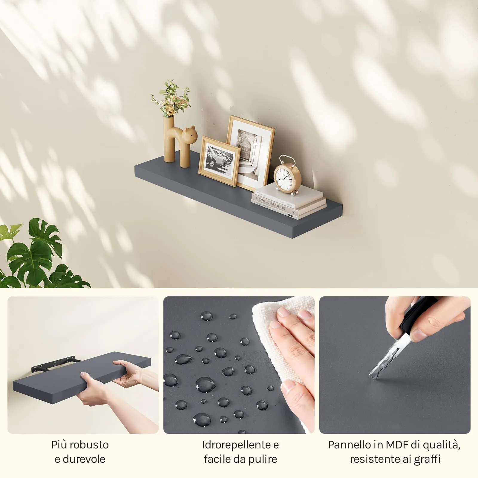 WOLTU Mensola da Muro in MDF, Grigio Scuro, 70x22.9x3.8cm - immagine 8
