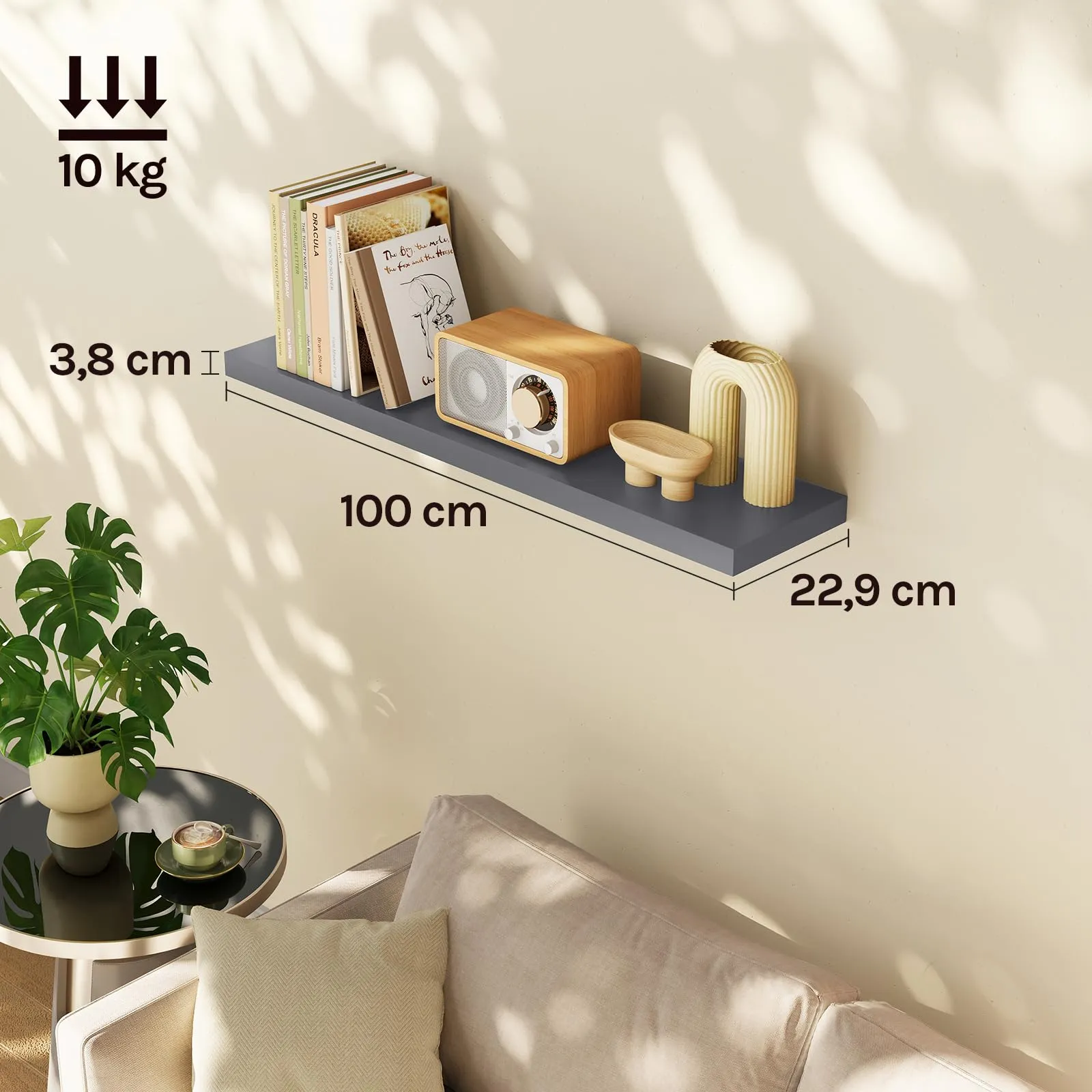 WOLTU Mensola da Muro in MDF, Grigio Scuro, 100x22.9x3.8cm - immagine 3