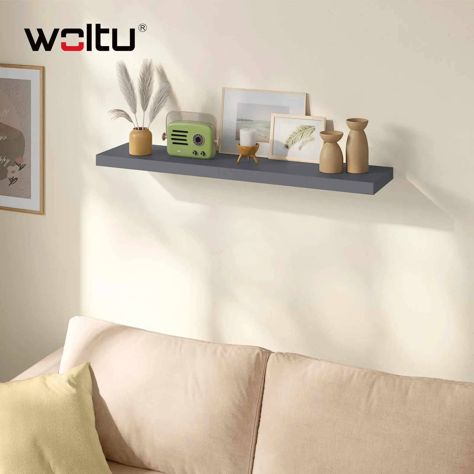 WOLTU Mensola da Muro in MDF, Grigio Scuro, 100x22.9x3.8cm - immagine 6