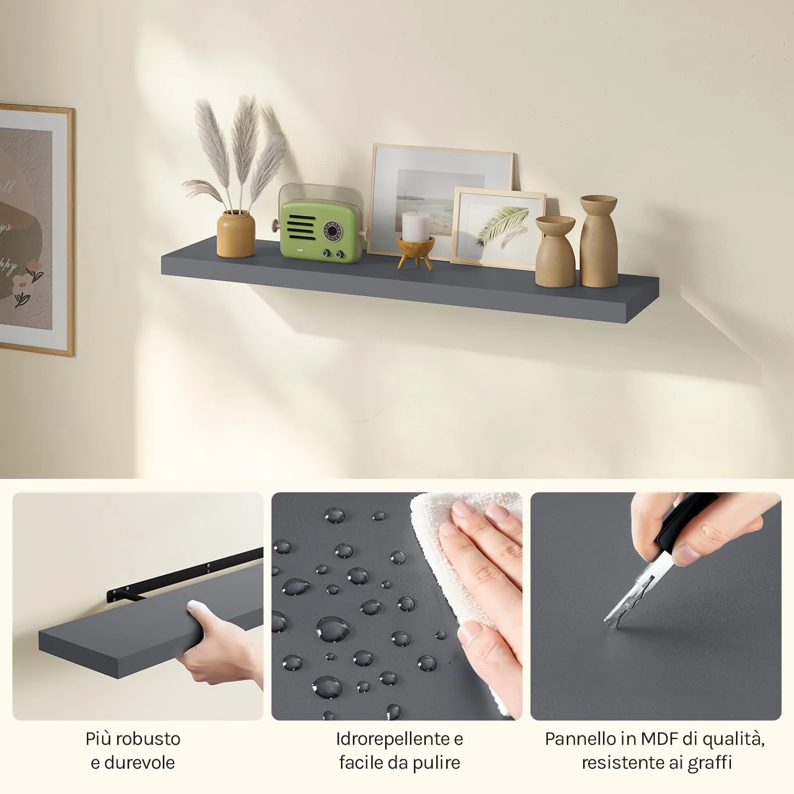 WOLTU Mensola da Muro in MDF, Grigio Scuro, 100x22.9x3.8cm - immagine 8