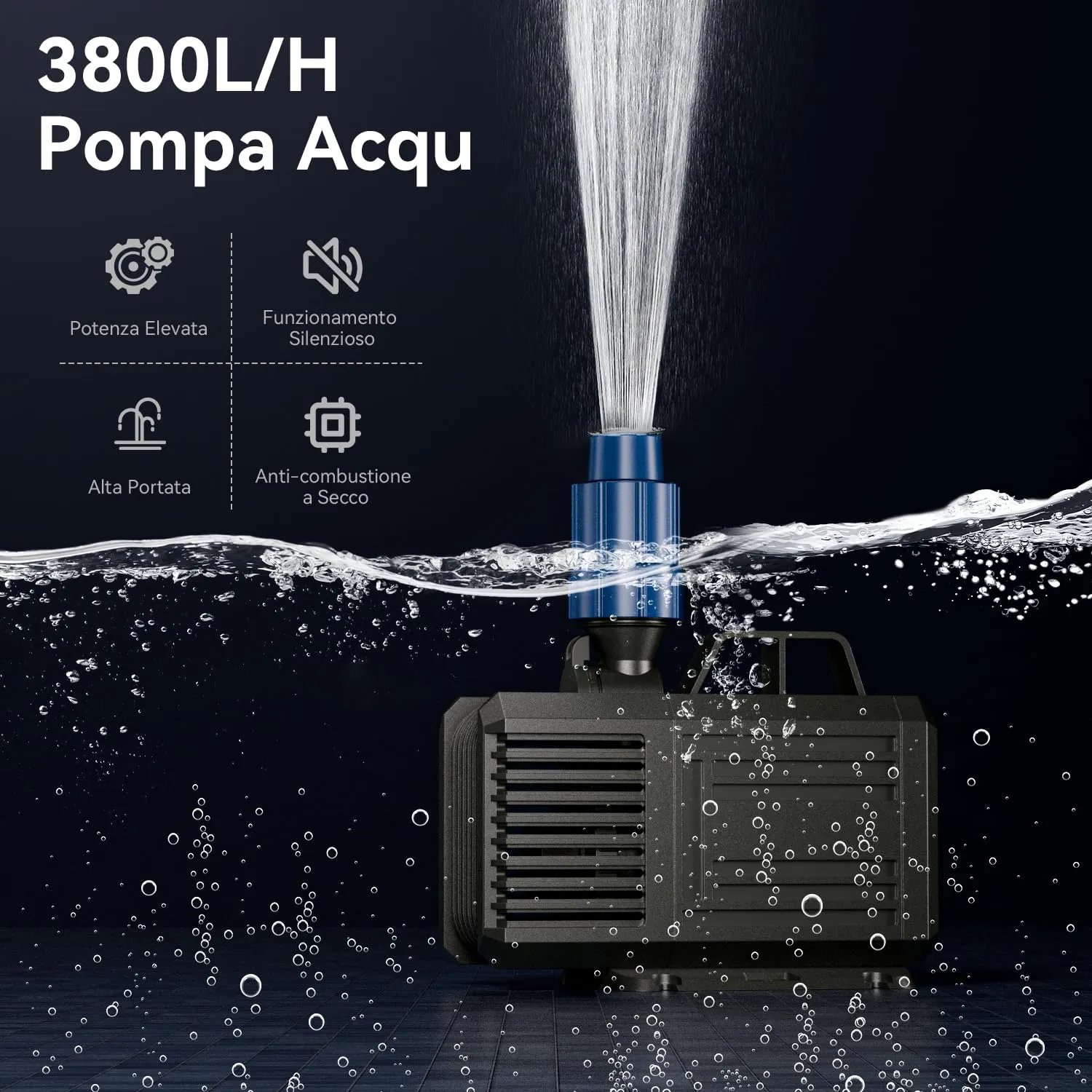 Lnicez Pompa ad Immersione e Anfibio 60W 3800L/H con 2 Ugelli per Acquario, Laghetto e Giardino, Prevalenza 3m - immagine 2