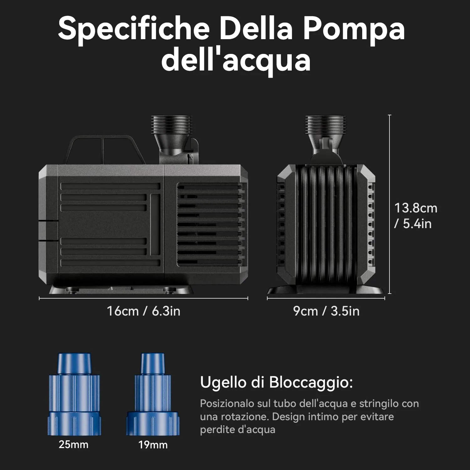 Lnicez Pompa ad Immersione e Anfibio 60W 3800L/H con 2 Ugelli per Acquario, Laghetto e Giardino, Prevalenza 3m - immagine 6