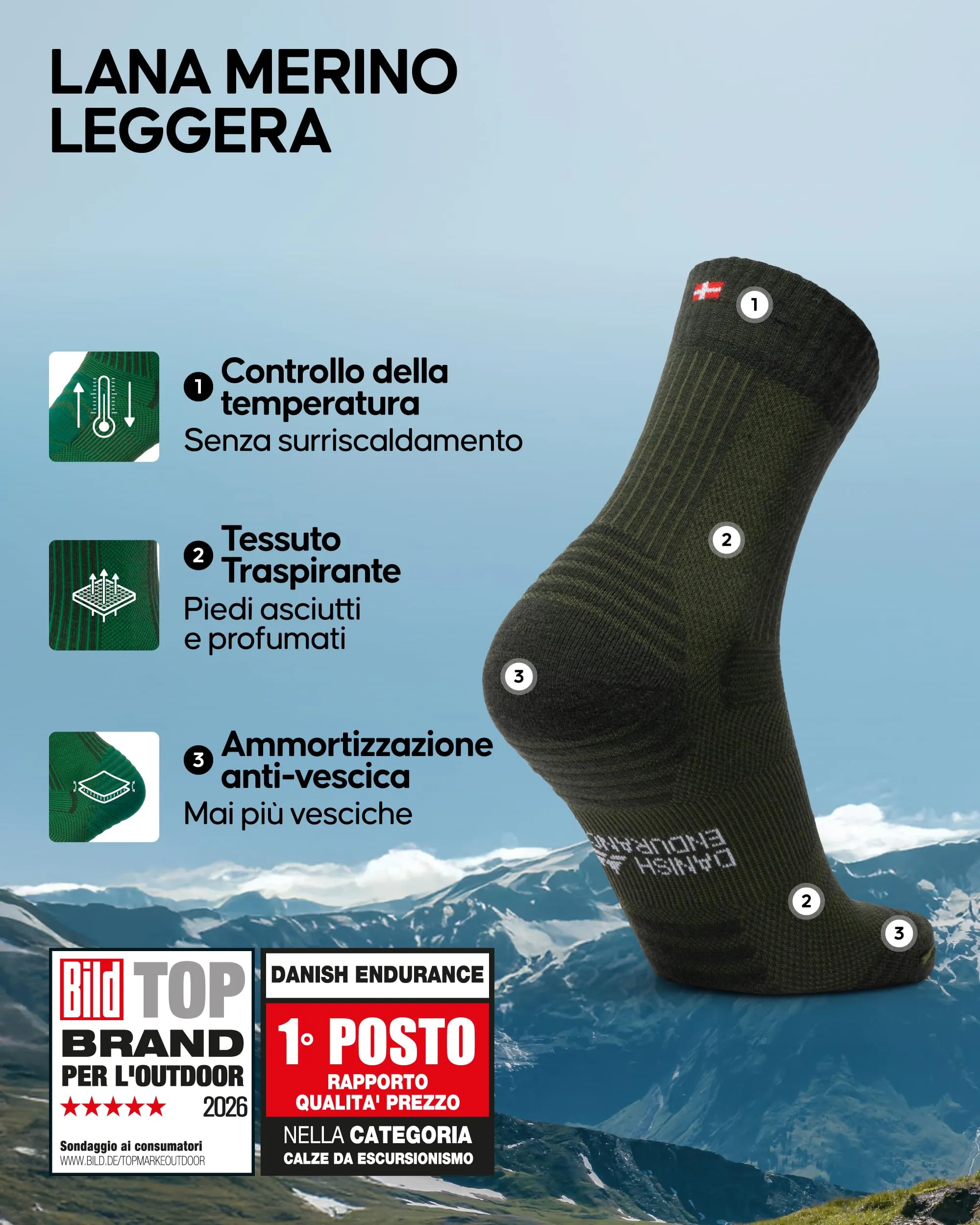Danish Endurance Calze Trekking Leggere, 3 Paia, Multicolore (1x Nero, 2x Verde Oliva), 39-42 - immagine 2