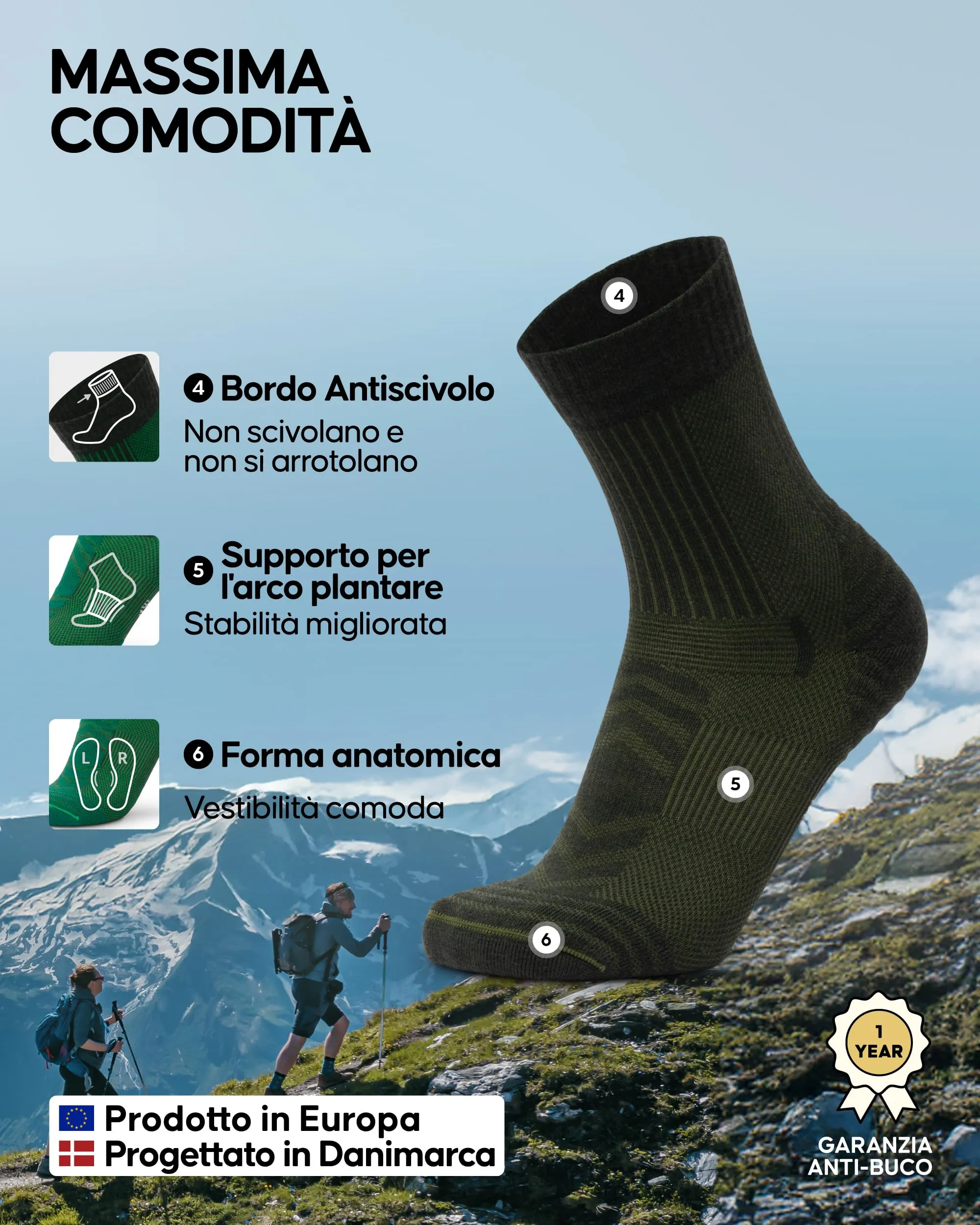 Danish Endurance Calze Trekking Leggere, 3 Paia, Multicolore (1x Nero, 2x Verde Oliva), 39-42 - immagine 3