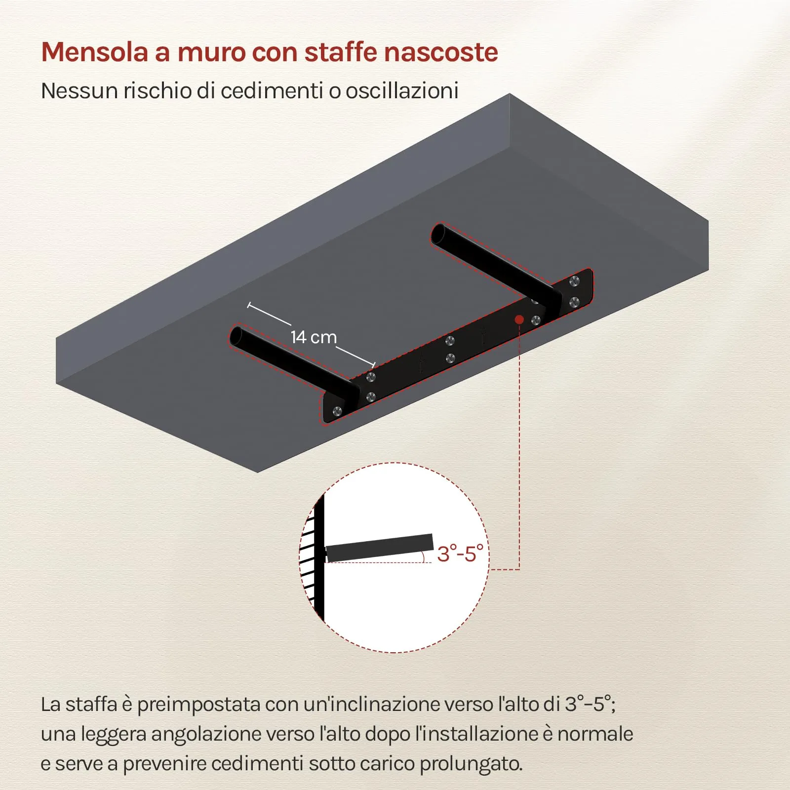 WOLTU Mensola da Muro Rettangolare in Legno Grigio Scuro 50cm RG9368dgr - immagine 5