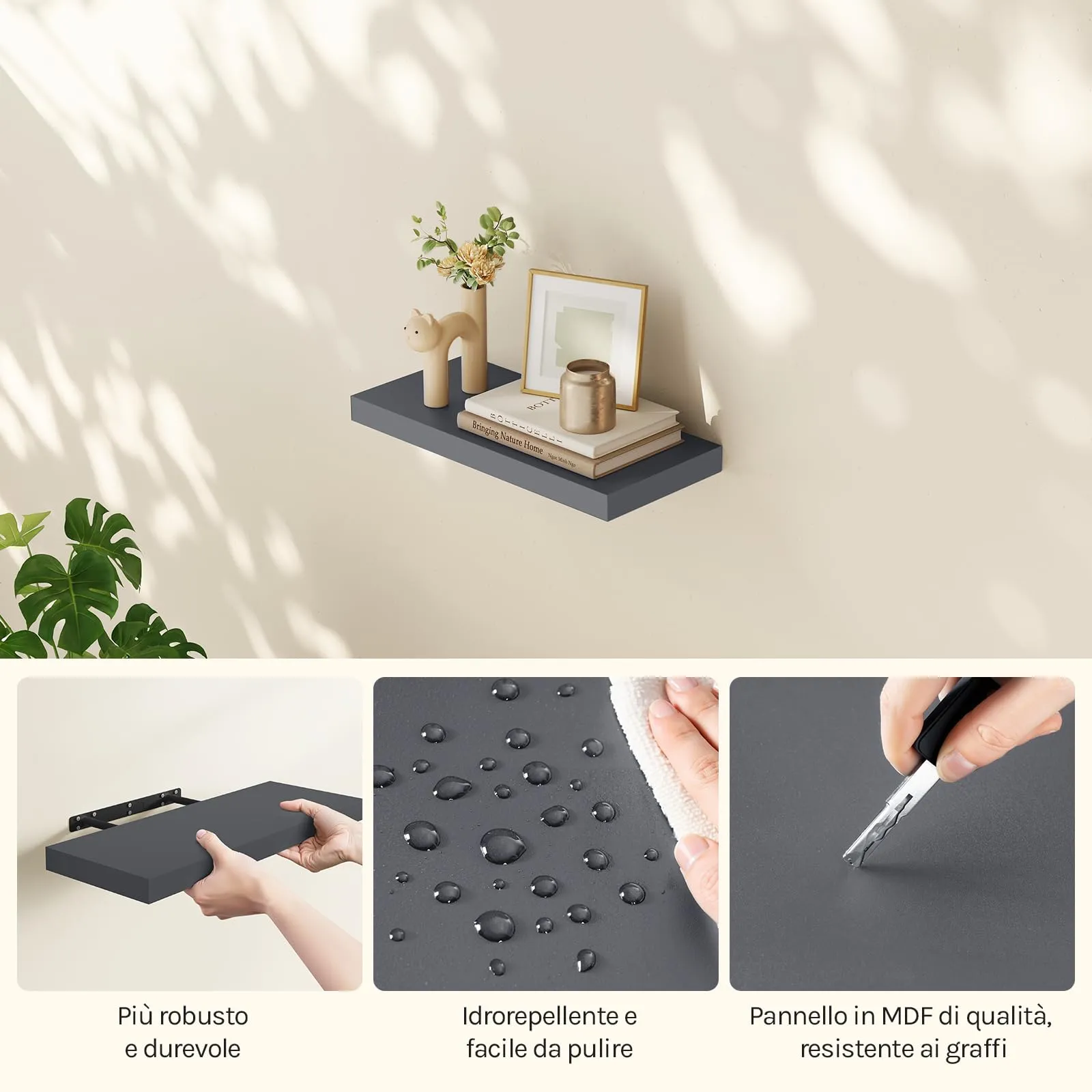 WOLTU Mensola da Muro Rettangolare in Legno Grigio Scuro 50cm RG9368dgr - immagine 8