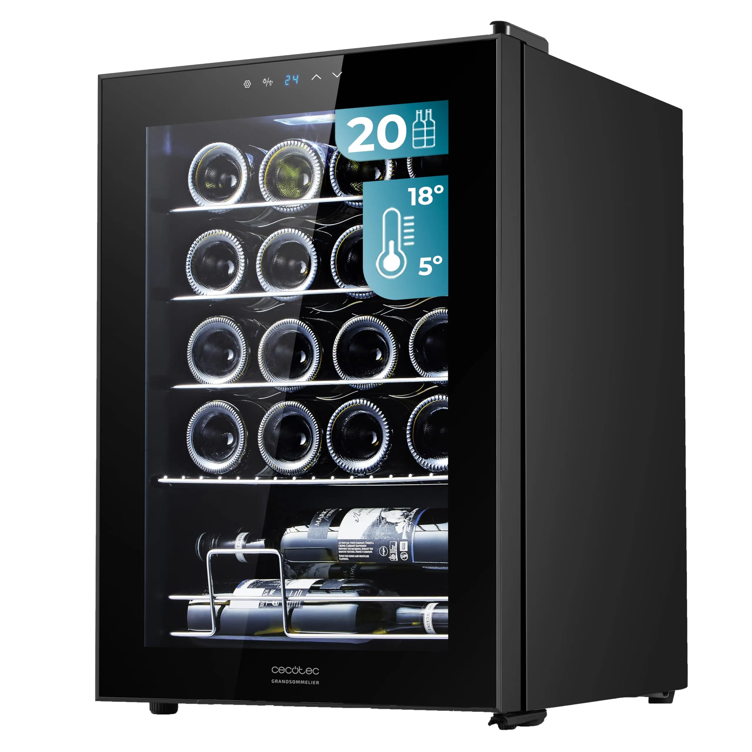 Cecotec Bolero GrandSommelier 2050 Black Compressor Wine Cooler, 20 Bottles, 5-18ºC, Touch Control - immagine 1