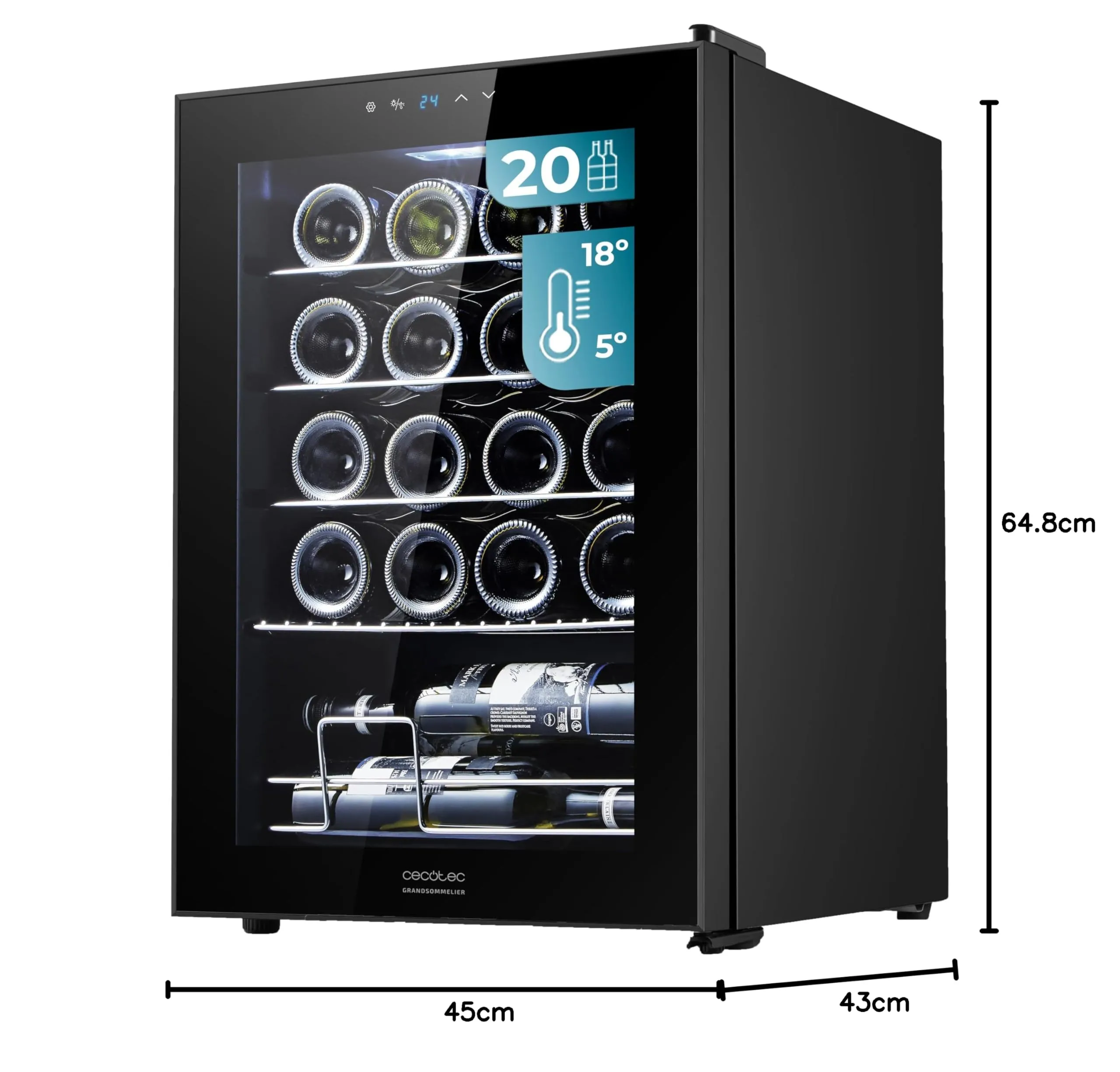 Cecotec Bolero GrandSommelier 2050 Black Compressor Wine Cooler, 20 Bottles, 5-18ºC, Touch Control - immagine 6