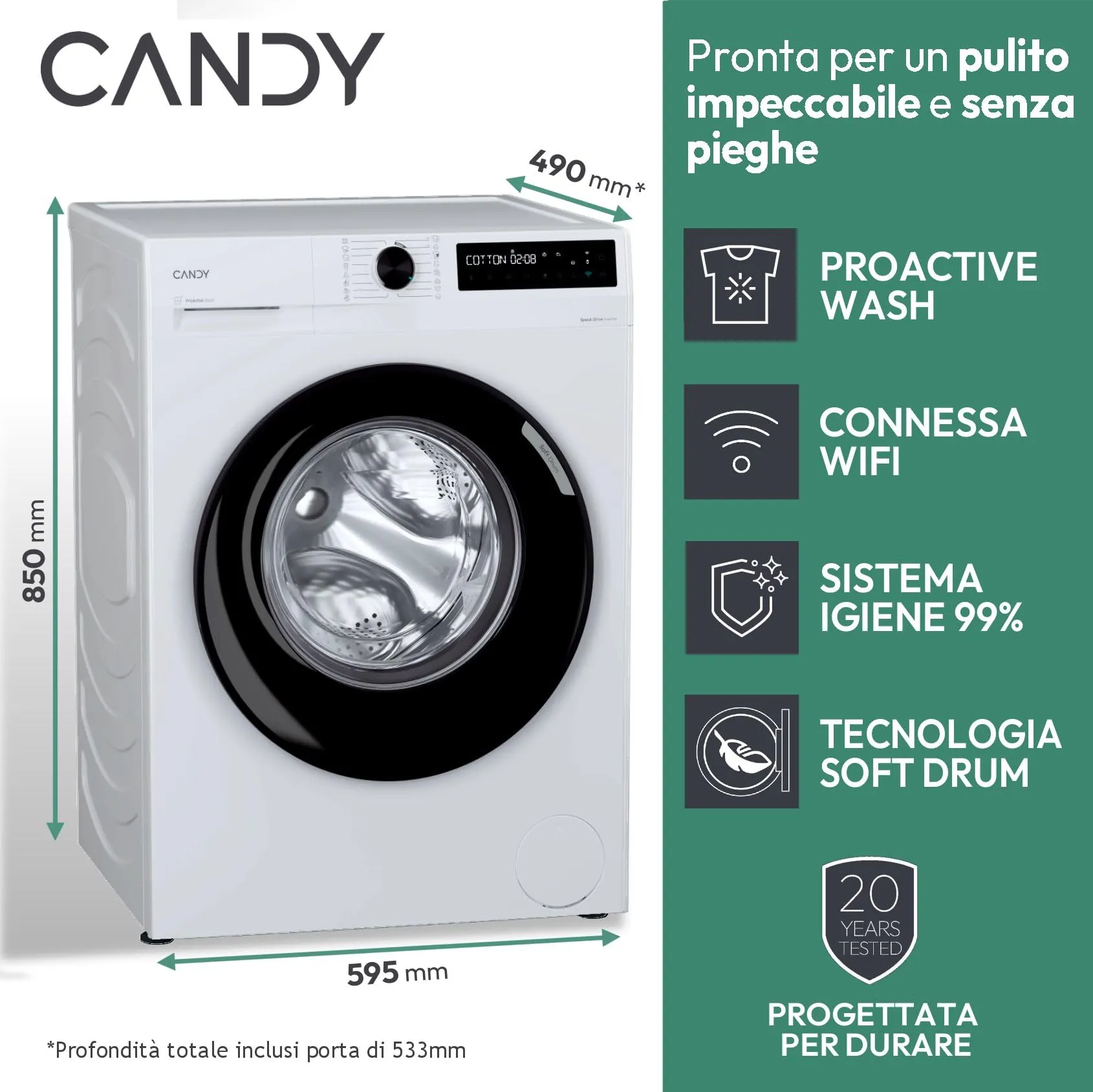 Candy ProWash 500 Lavatrice 8 Kg, 1400 Giri, Classe A-10%, Bianco - immagine 3