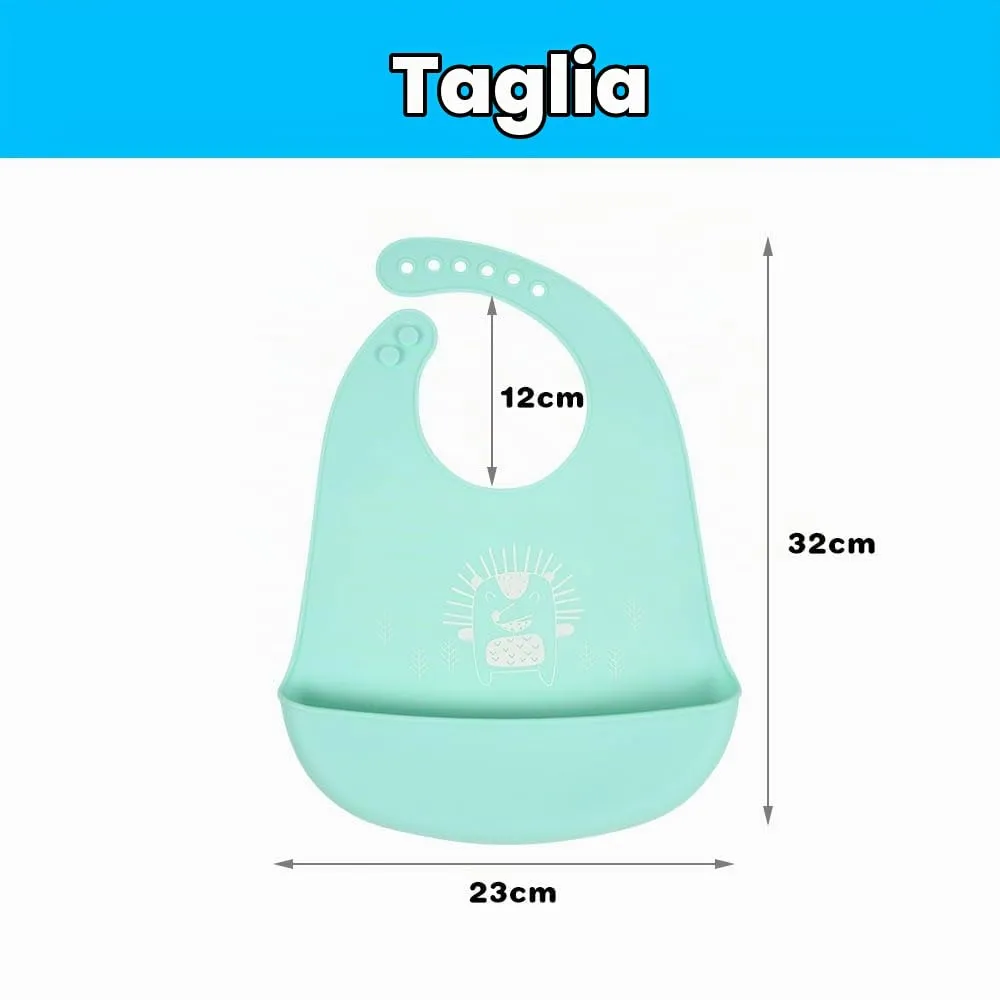 Vicloon Bavaglini in Silicone con Vaschetta di Raccolta, 2 Pezzi, 6 Pulsanti Regolabili, Senza BPA, Orso e Riccio - immagine 2