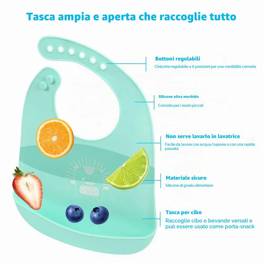 Vicloon Bavaglini in Silicone con Vaschetta di Raccolta, 2 Pezzi, 6 Pulsanti Regolabili, Senza BPA, Orso e Riccio - immagine 3