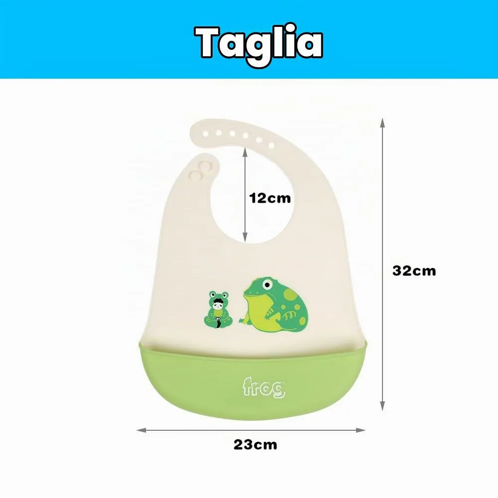 Vicloon Bavaglino in Silicone con Vaschetta di Raccolta, 6 Pulsanti Regolabili, Senza BPA, Auto e Rana - immagine 2