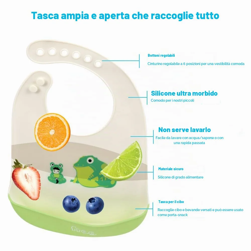 Vicloon Bavaglino in Silicone con Vaschetta di Raccolta, 6 Pulsanti Regolabili, Senza BPA, Auto e Rana - immagine 3