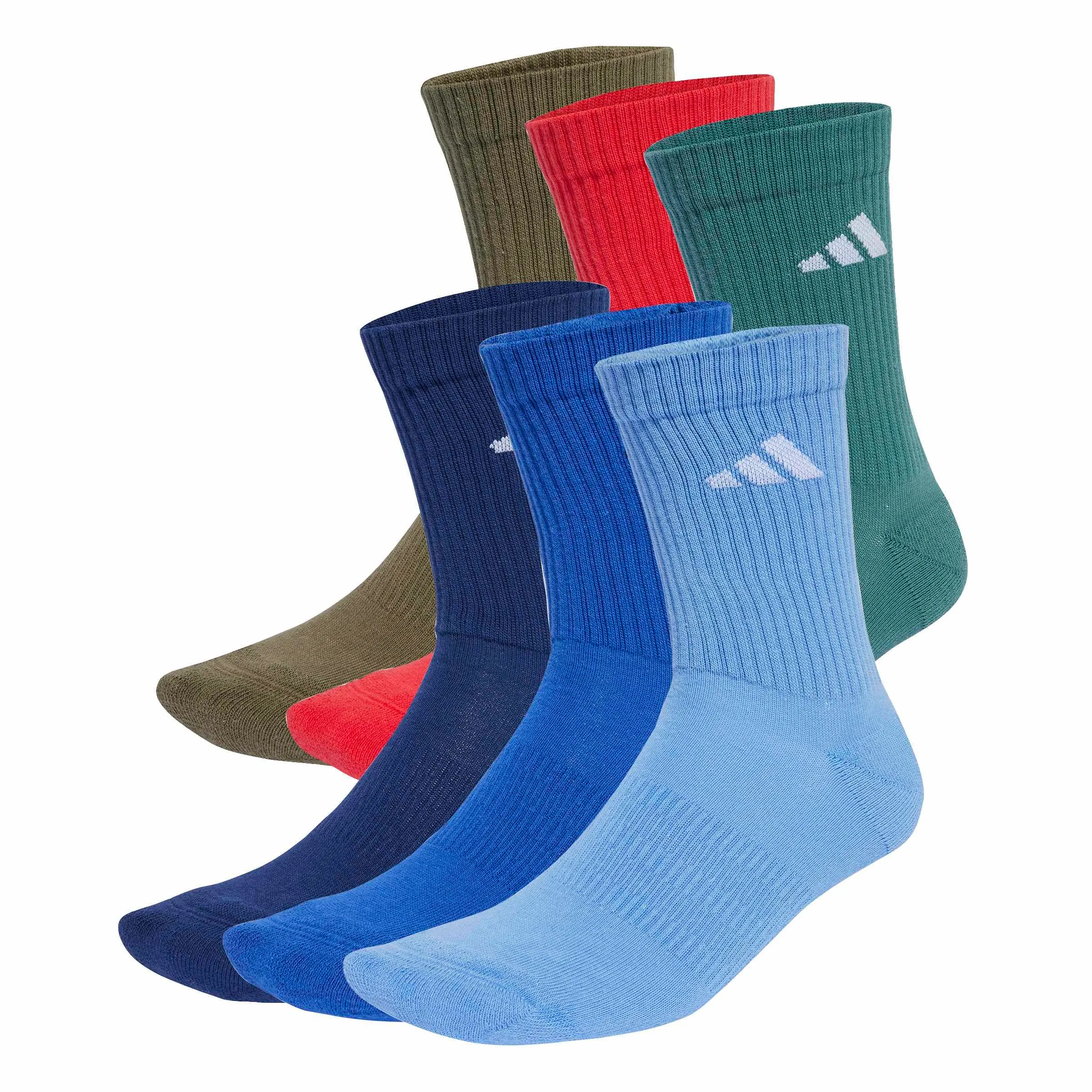 adidas Cushioned Crew Socks 6 Pair Pack, Dark Blue/Royal Blue/Olive Strata/Pure Ruby, 2-3 Years - immagine 1