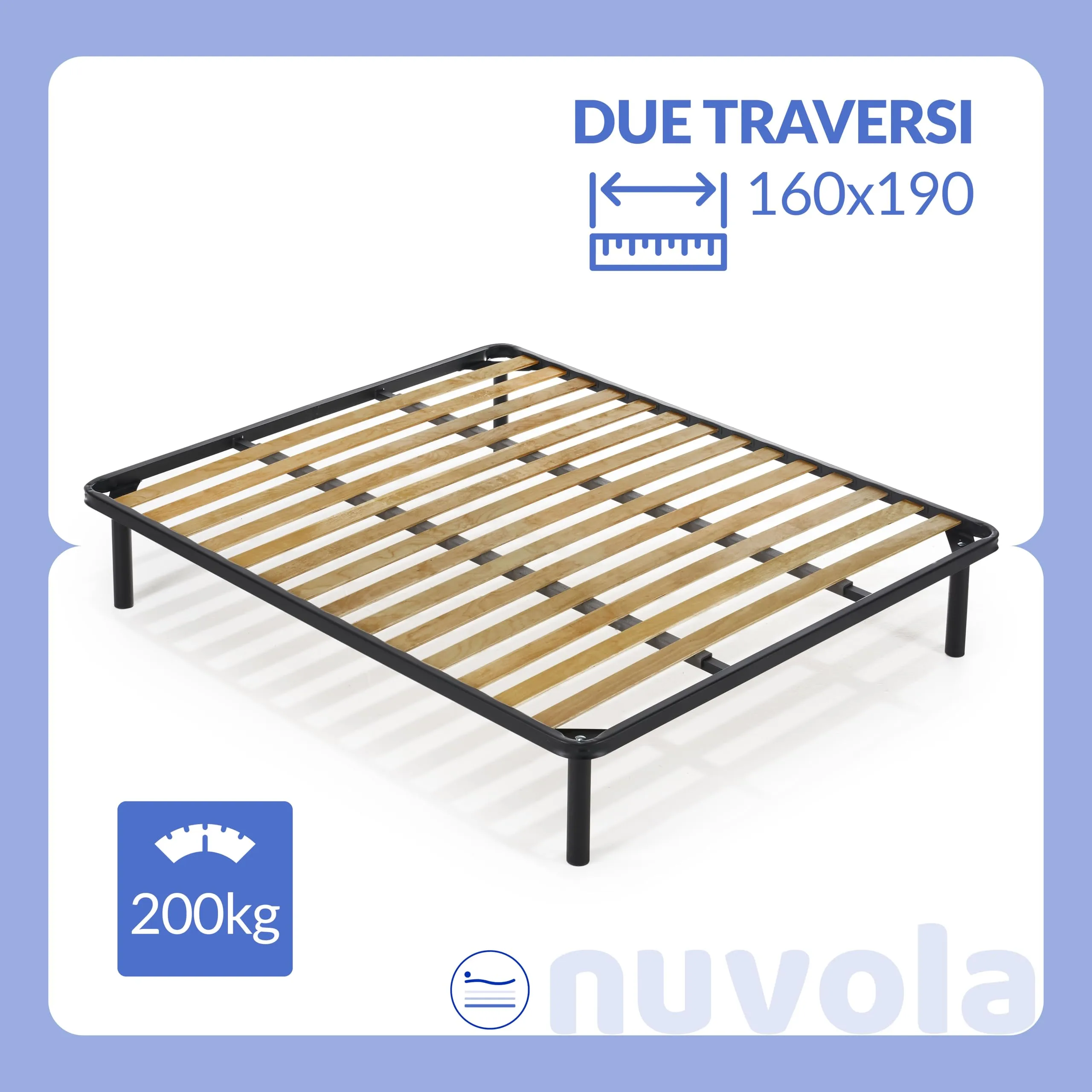 NUVOLA Atena Rete Matrimoniale 160x190 con Doghe in Legno e Struttura in Ferro Ortopedica con 2 Traversi, Made in Italy - immagine 2
