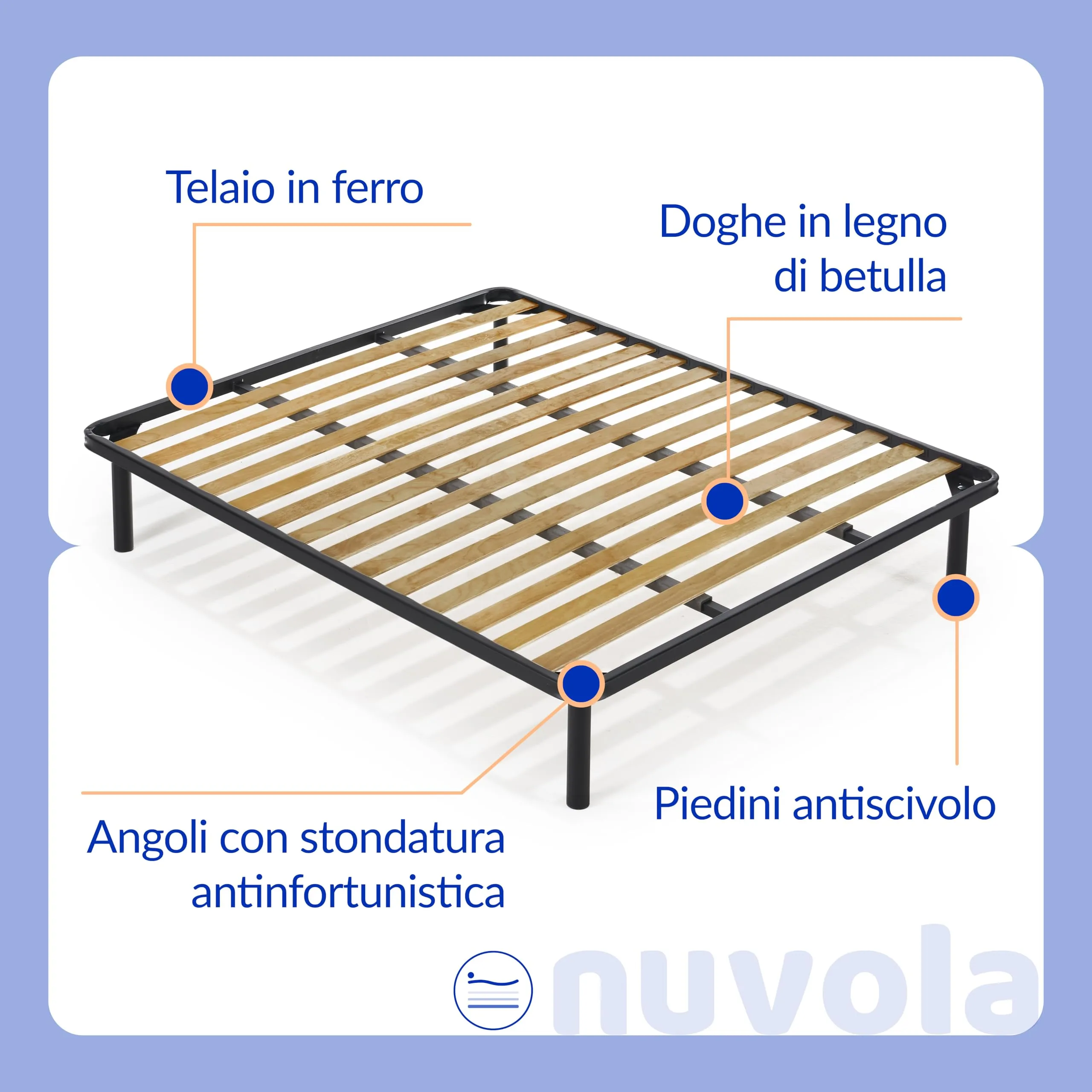 NUVOLA Atena Rete Matrimoniale 160x190 con Doghe in Legno e Struttura in Ferro Ortopedica con 2 Traversi, Made in Italy - immagine 4