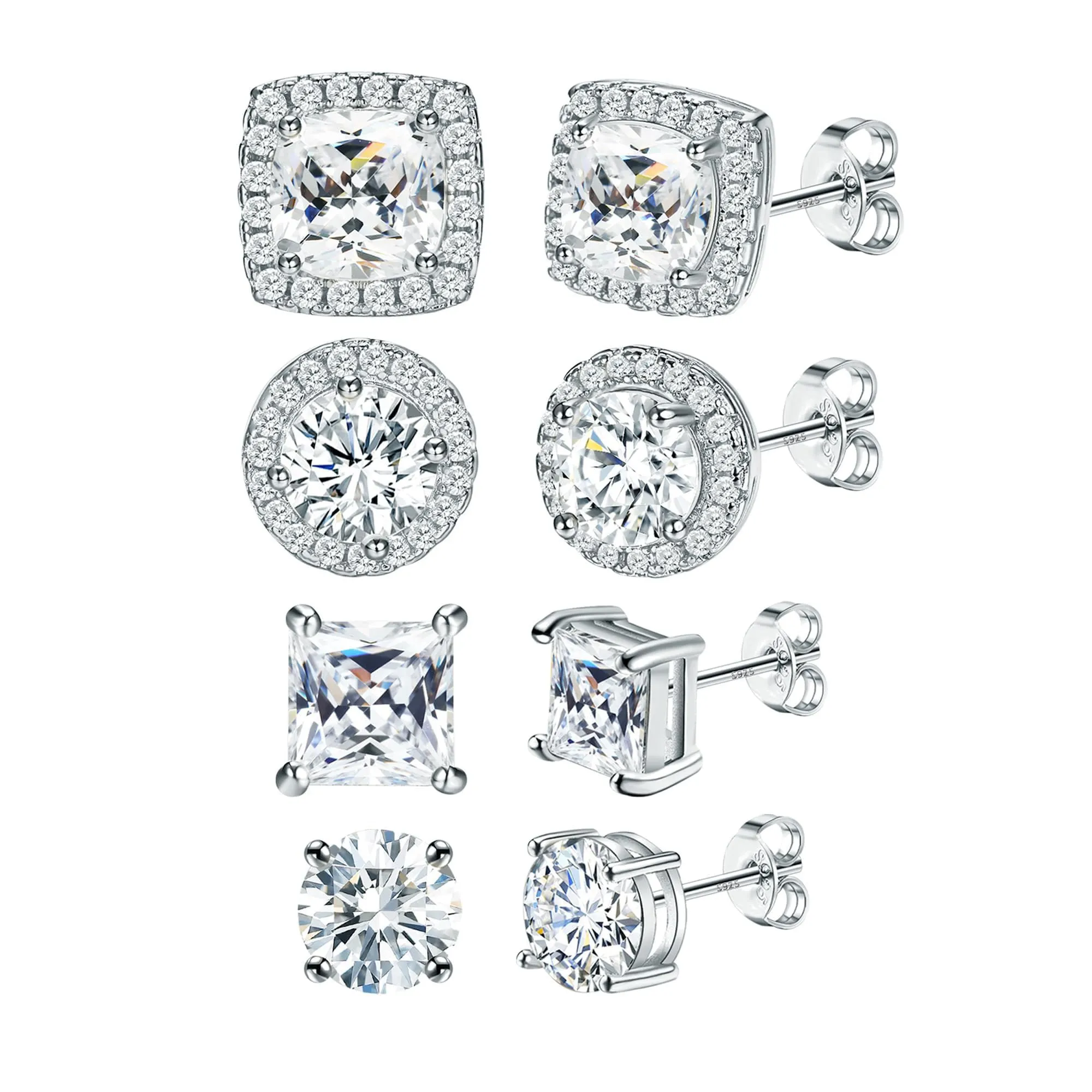 Dochais Set 4 Paia Orecchini Argento 925 Placcati Oro 14k con Zirconi 6-10mm, Rotondi e Quadrati, Unisex - immagine 1