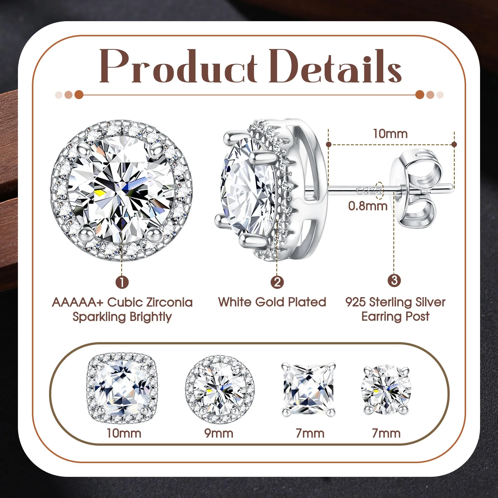 Dochais Set 4 Paia Orecchini Argento 925 Placcati Oro 14k con Zirconi 6-10mm, Rotondi e Quadrati, Unisex - immagine 2