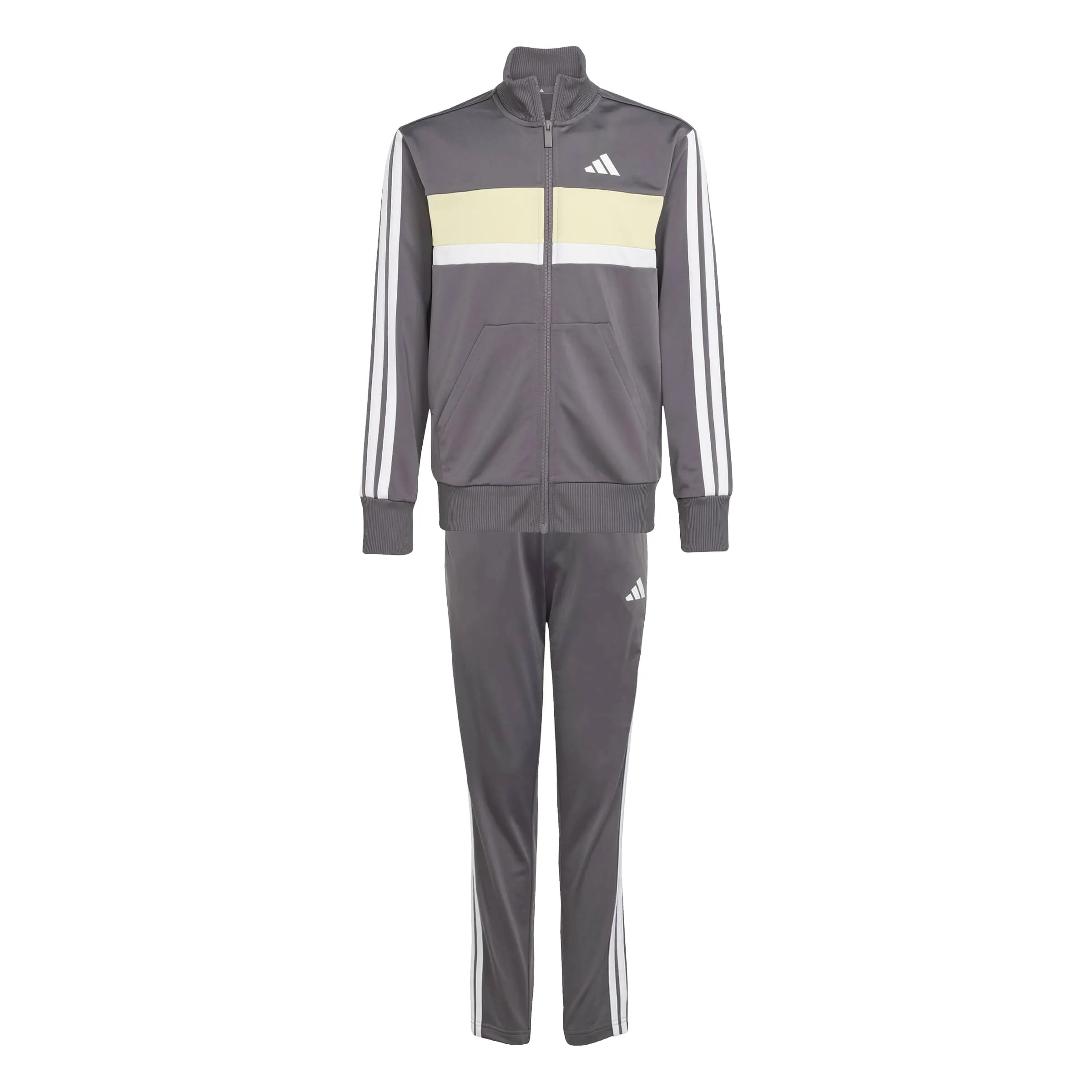 adidas Bambini Seasonal Essentials Tiberio 3 Stripes Tricot Tracksuit, Grey Strata/White/Powder Yellow, 7-8 Years - immagine 1