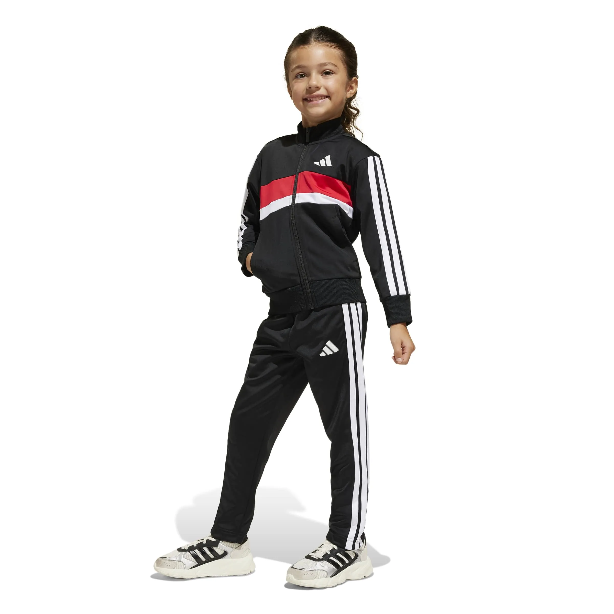 adidas Bambini Seasonal Essentials Tiberio 3 Stripes Tricot Tracksuit, Black/White/Pure Ruby, 3-4 Years - immagine 3
