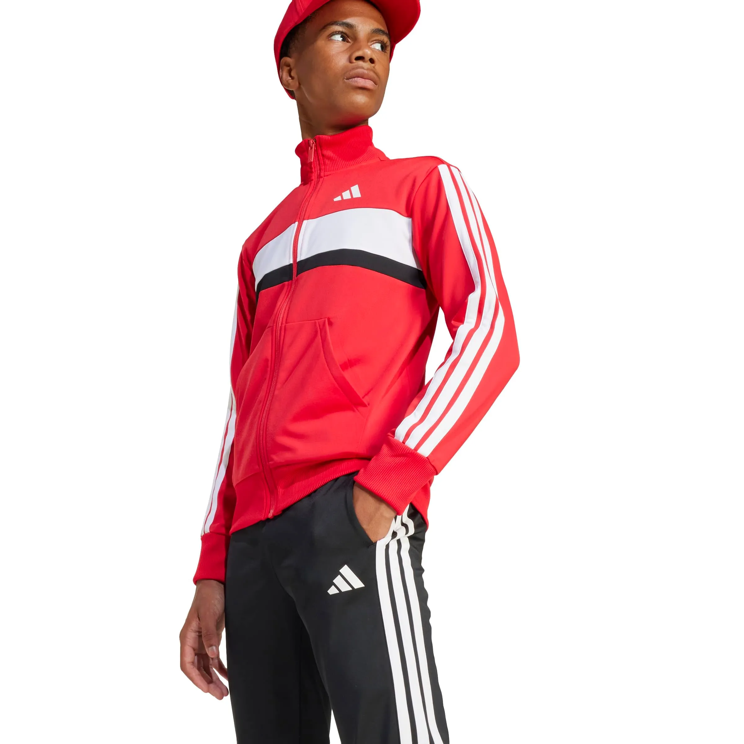 adidas Bambini Seasonal Essentials Tiberio 3 Stripes Tricot Tracksuit, Pure Ruby/White, 15-16 Years - immagine 5