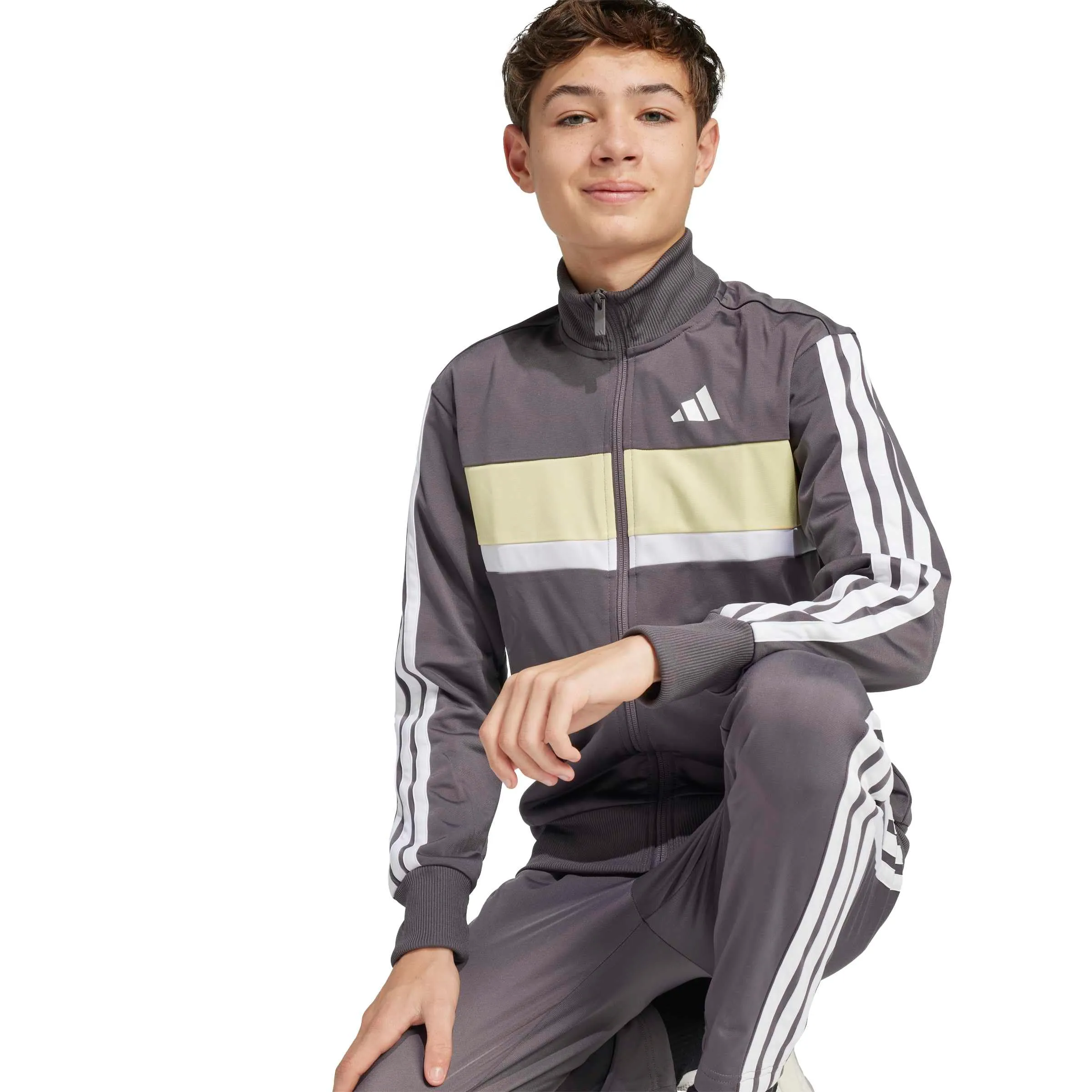 adidas Bambini Seasonal Essentials Tiberio 3 Stripes Tricot Tracksuit, Grey Strata/White/Powder Yellow, 13-14 Years - immagine 5