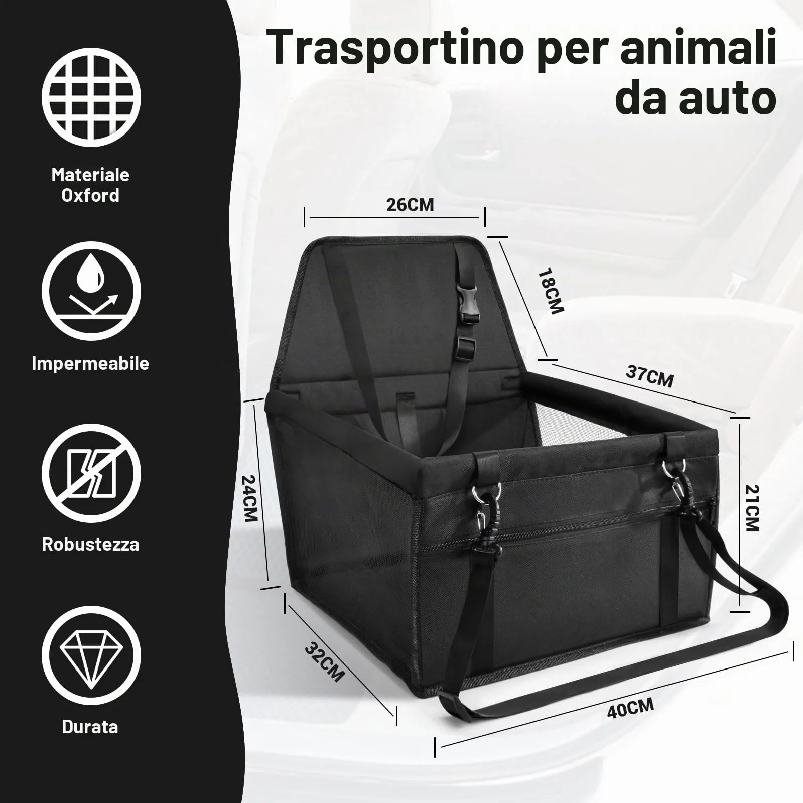 CIMOYBAI Seggiolino Auto per Cani di Piccola e Media Taglia, Tessuto Oxford Traspirante e Lavabile, Pieghevole, Nero - immagine 2