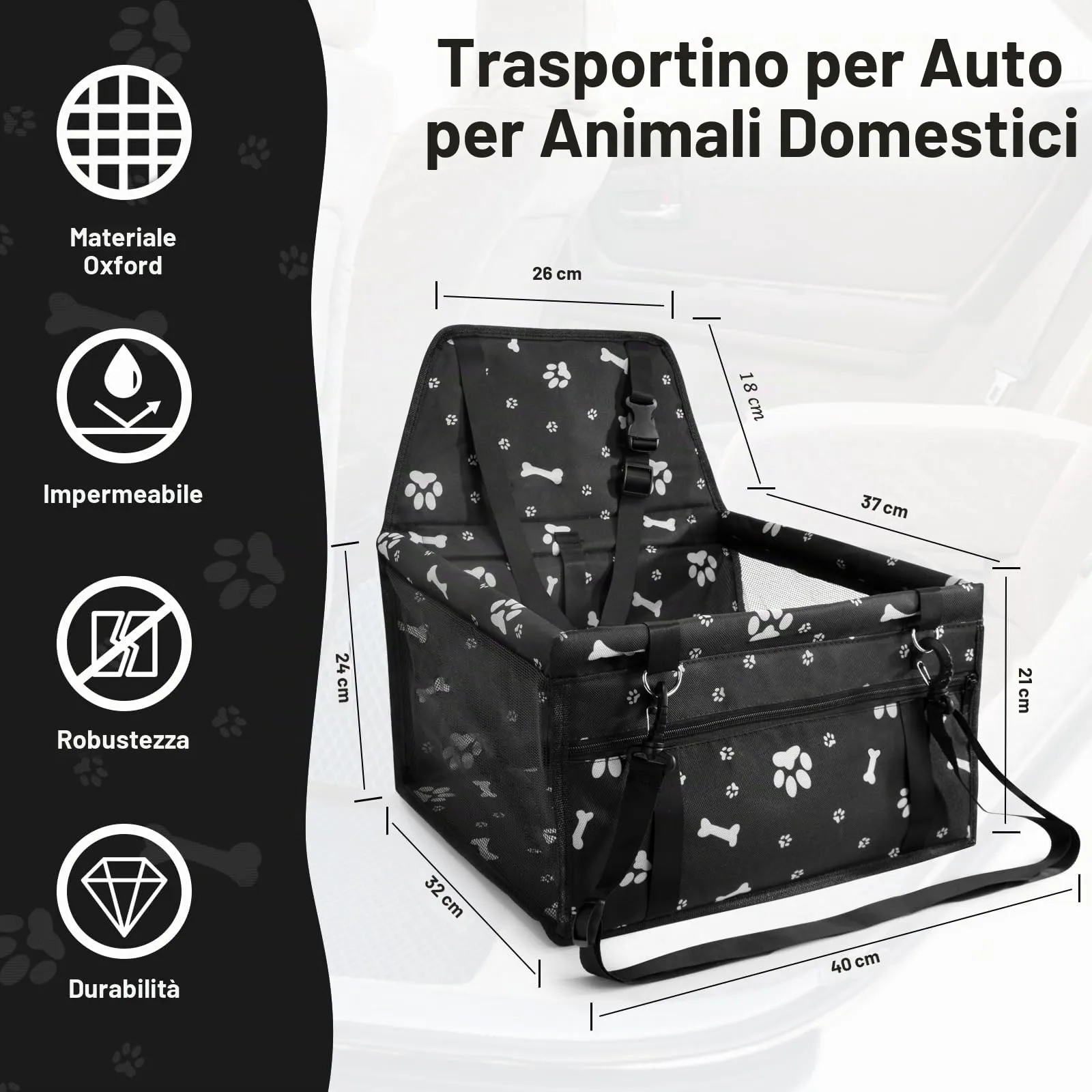 CIMOYBAI Seggiolino Auto per Cani di Taglia Piccola e Media, Tessuto Oxford Traspirante e Pieghevole, Impronta Nera - immagine 2