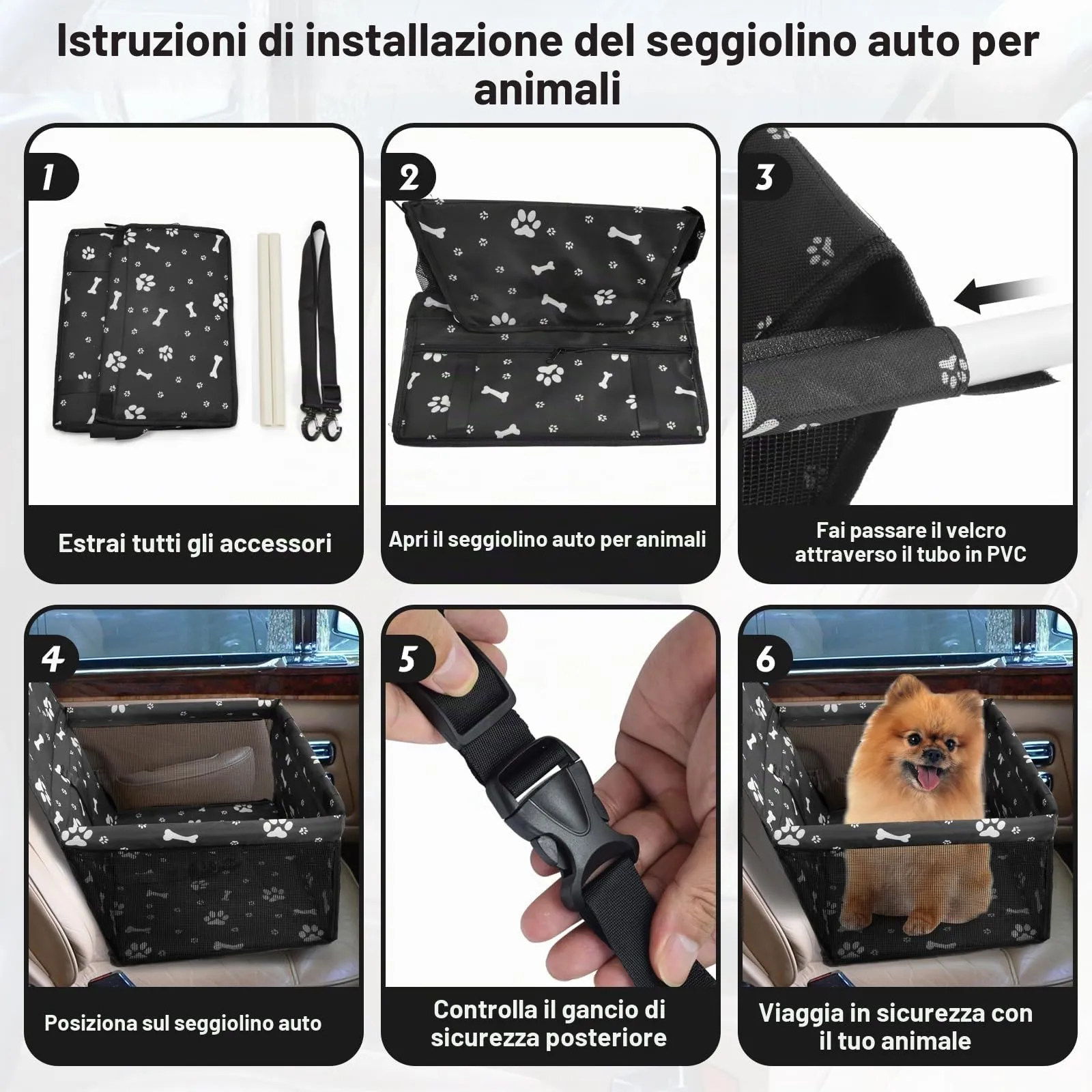 CIMOYBAI Seggiolino Auto per Cani di Taglia Piccola e Media, Tessuto Oxford Traspirante e Pieghevole, Impronta Nera - immagine 5
