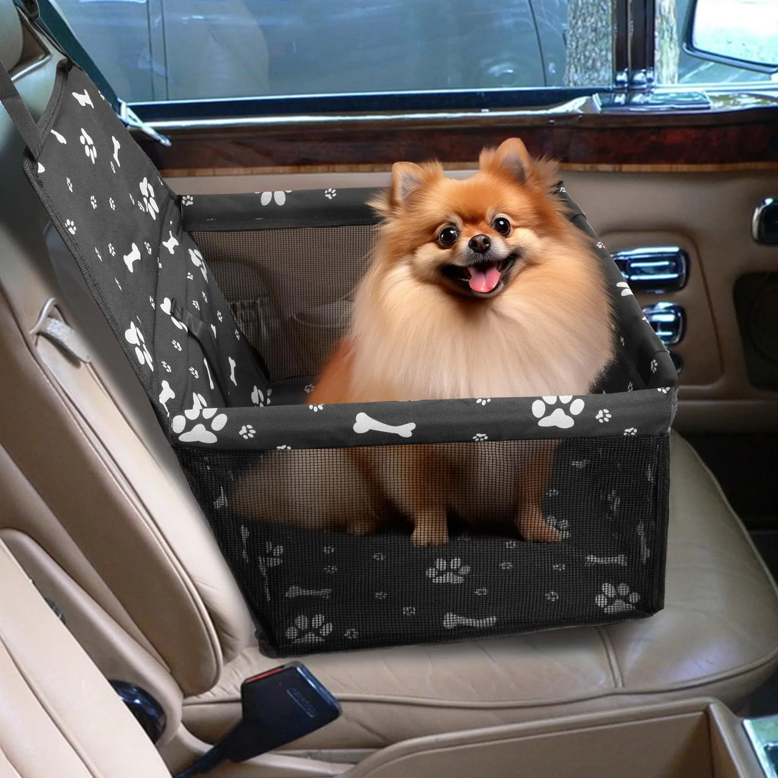 CIMOYBAI Seggiolino Auto per Cani di Taglia Piccola e Media, Tessuto Oxford Traspirante e Pieghevole, Impronta Nera - immagine 6