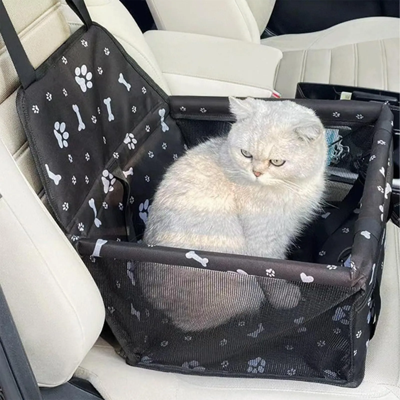 CIMOYBAI Seggiolino Auto per Cani di Taglia Piccola e Media, Tessuto Oxford Traspirante e Pieghevole, Impronta Nera - immagine 7