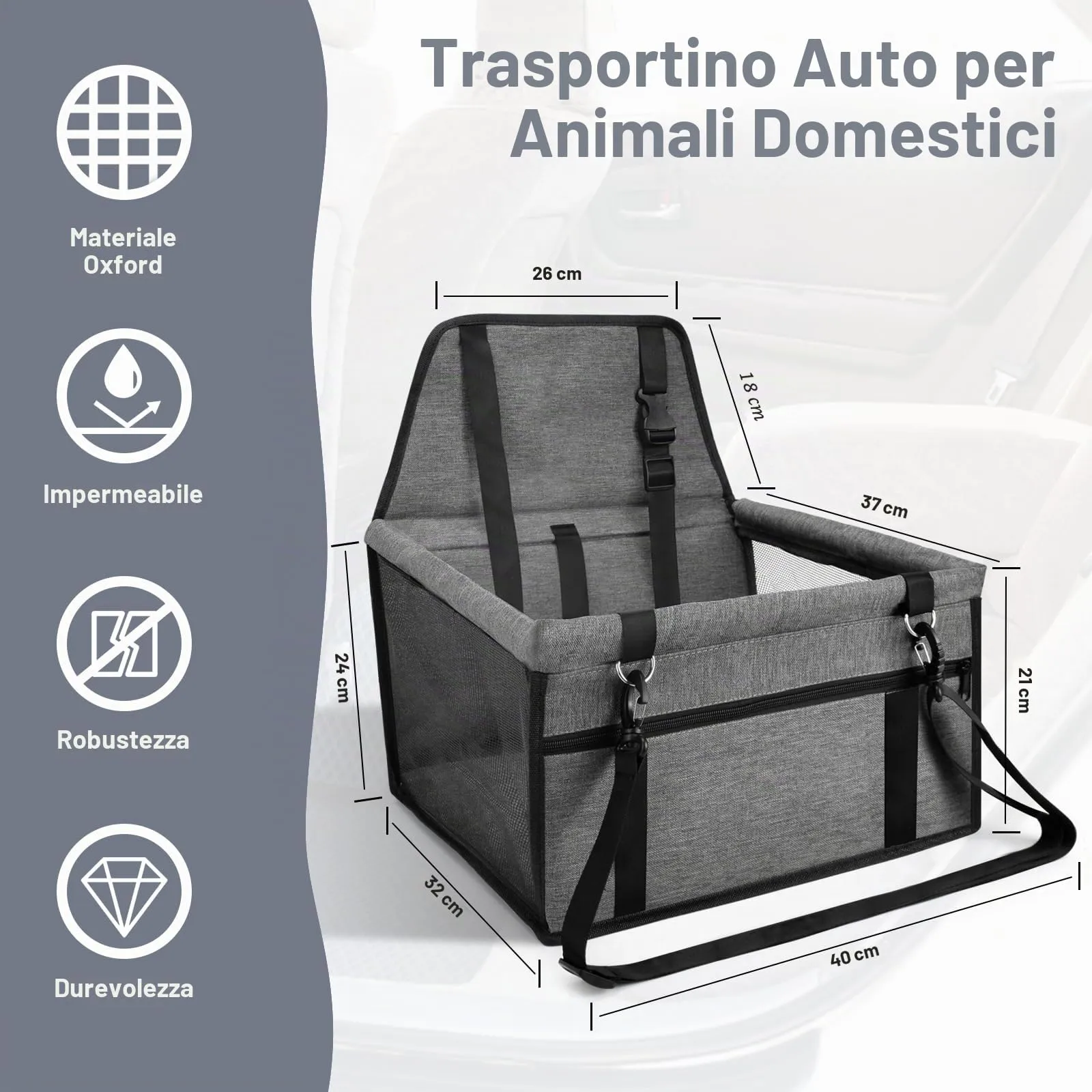 CIMOYBAI Seggiolino Auto per Cani di Piccola e Media Taglia, Pieghevole, Grigio Scuro - immagine 2