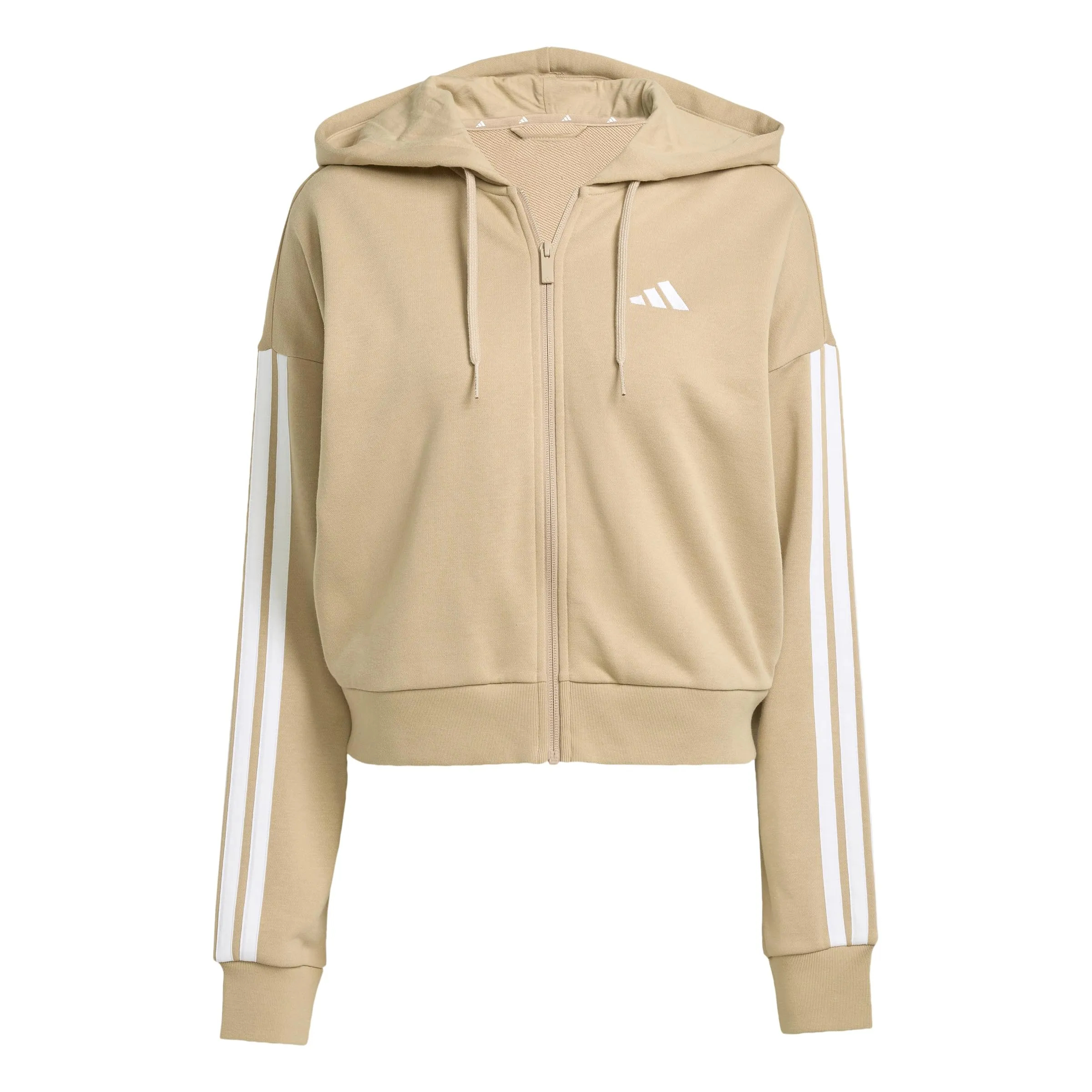 Adidas Donna Essentials 3-Stripes French Terry Full Zip Hoodie, Warm Sandstone/White, XS - immagine 1