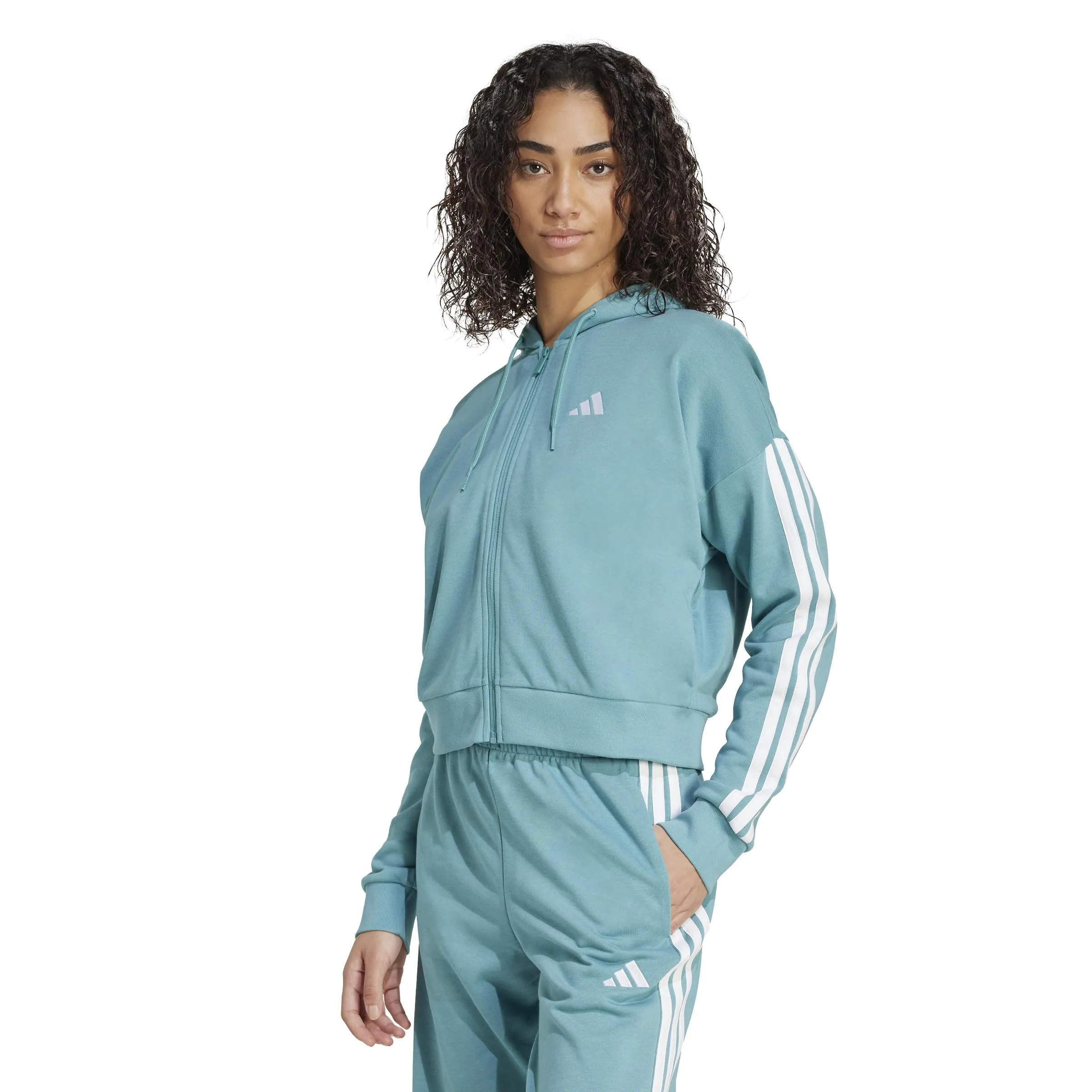 Adidas Donna Essentials 3-Stripes French Terry Full Zip Hoodie, Powder Teal/White, XS - immagine 3