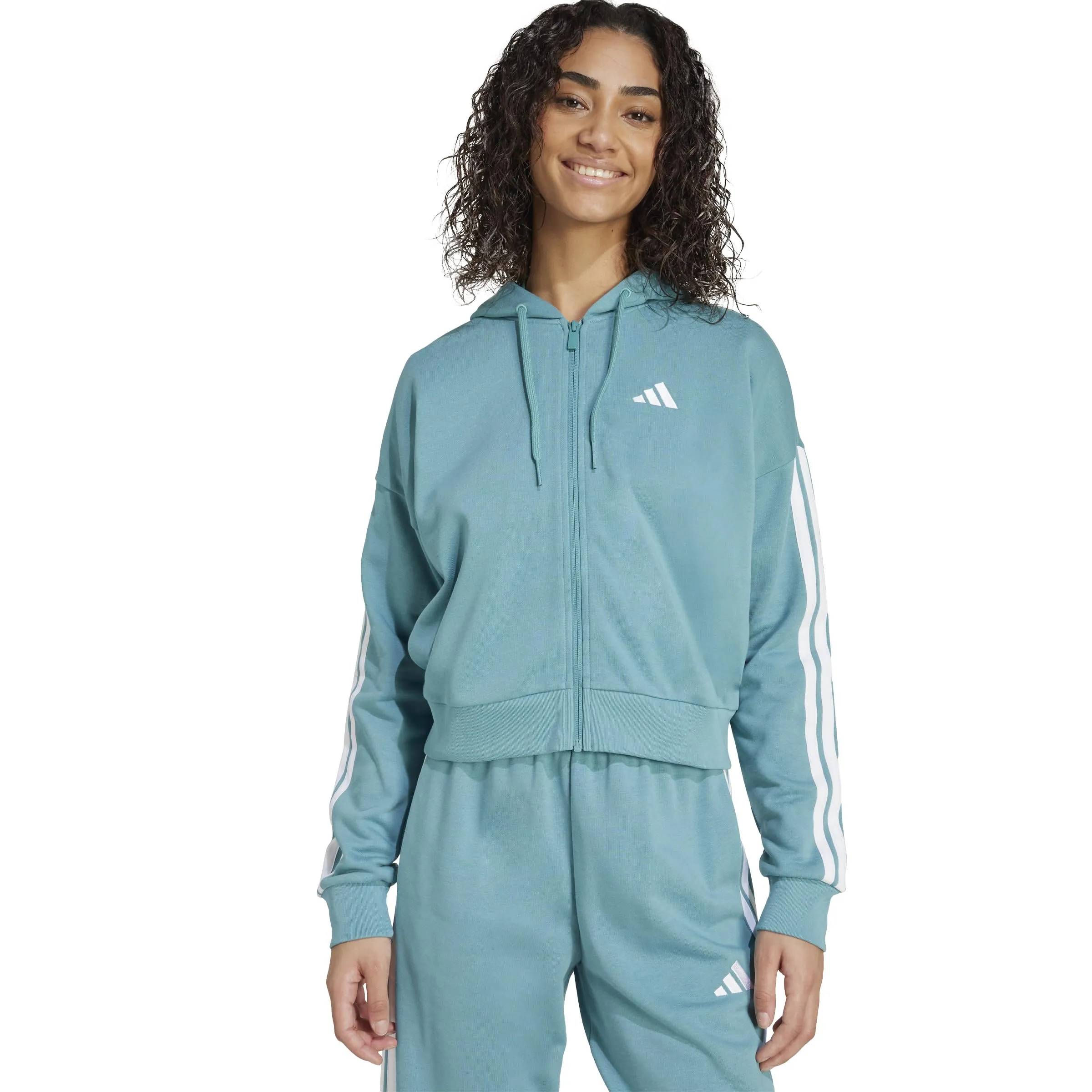Adidas Donna Essentials 3-Stripes French Terry Full Zip Hoodie, Powder Teal/White, XS - immagine 4