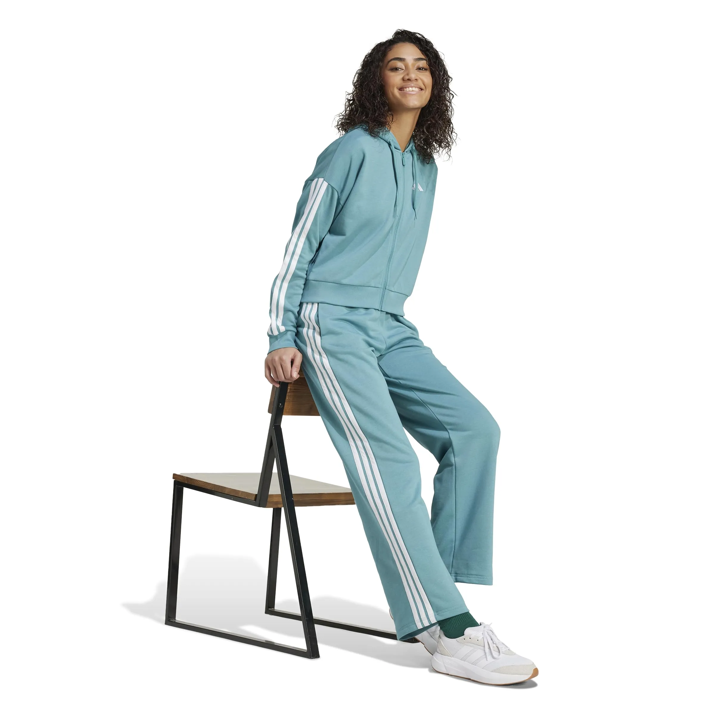 Adidas Donna Essentials 3-Stripes French Terry Full Zip Hoodie, Powder Teal/White, XS - immagine 6