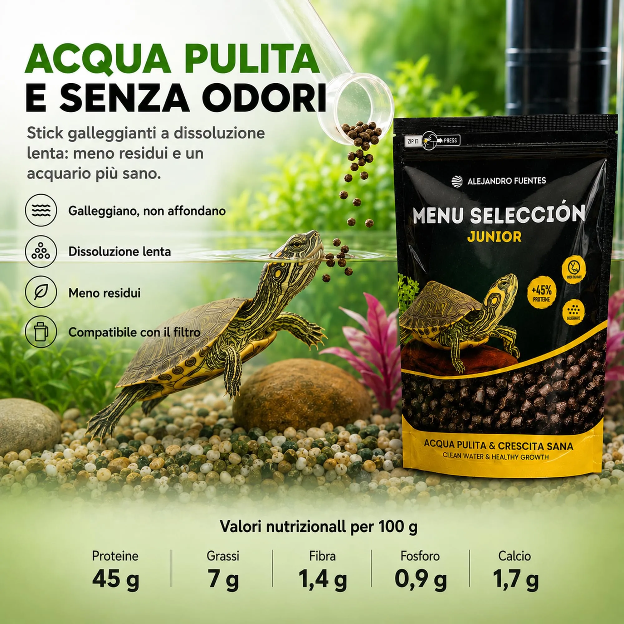 Alejandro Fuentes Mangime Tartarughe Acqua Junior Pellet Galleggianti 3mm, 200g - immagine 4
