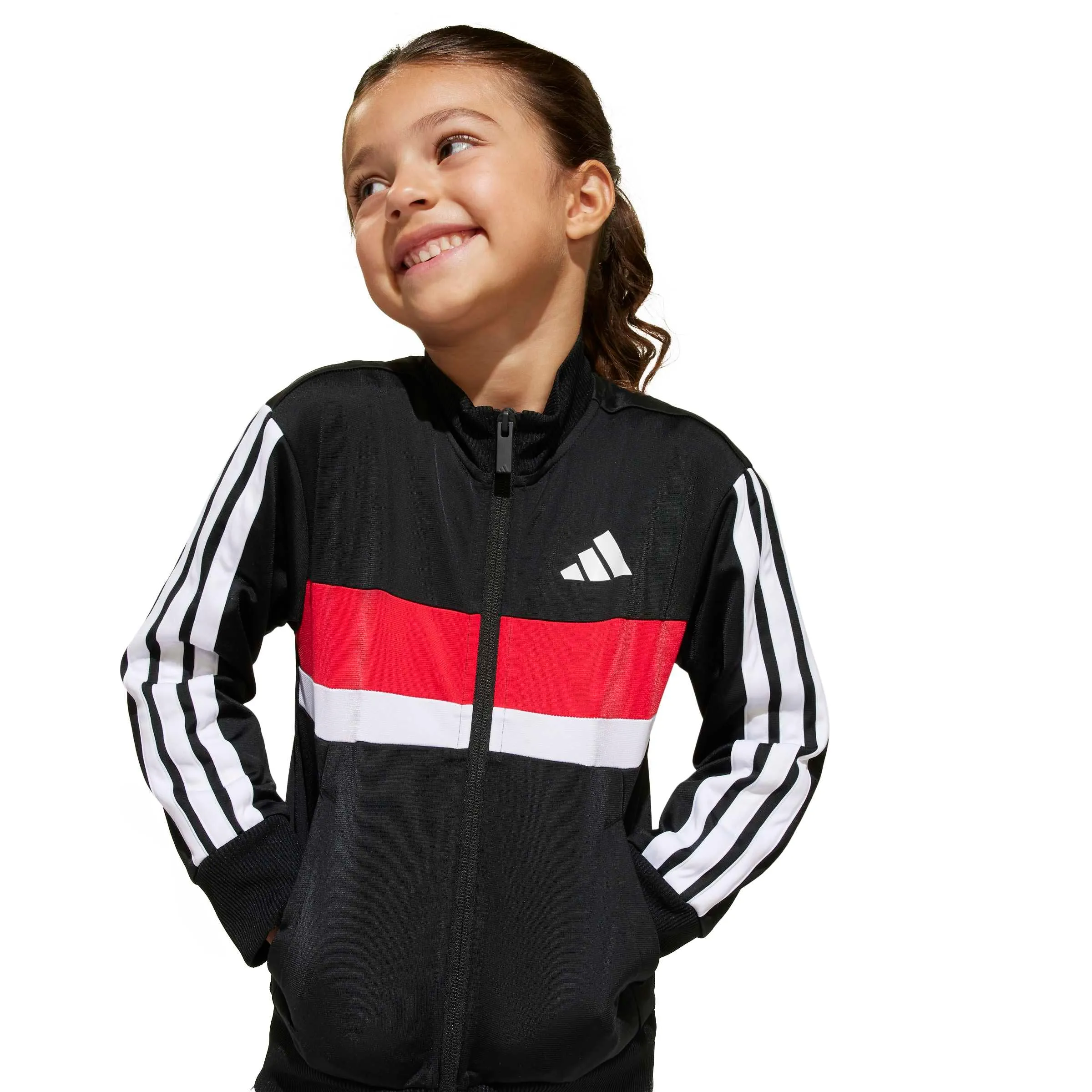 adidas Bambini Seasonal Essentials Tiberio 3 Stripes Tricot Tracksuit, Black/White/Pure Ruby, 5-6 Years - immagine 4