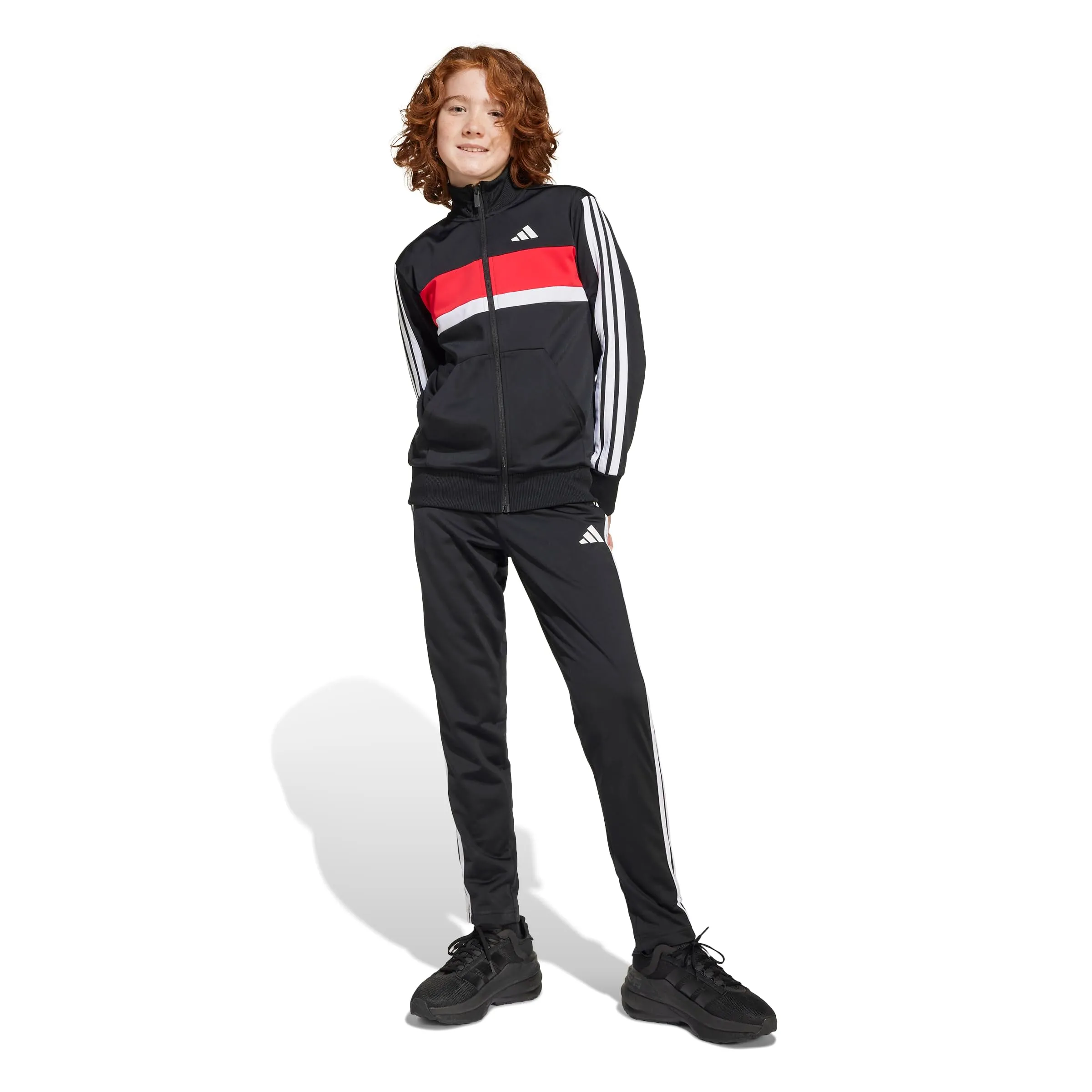 adidas Seasonal Essentials Tiberio 3 Stripes Tricot Track Suit, Black/White/Pure Ruby, 13-14 Years - immagine 3
