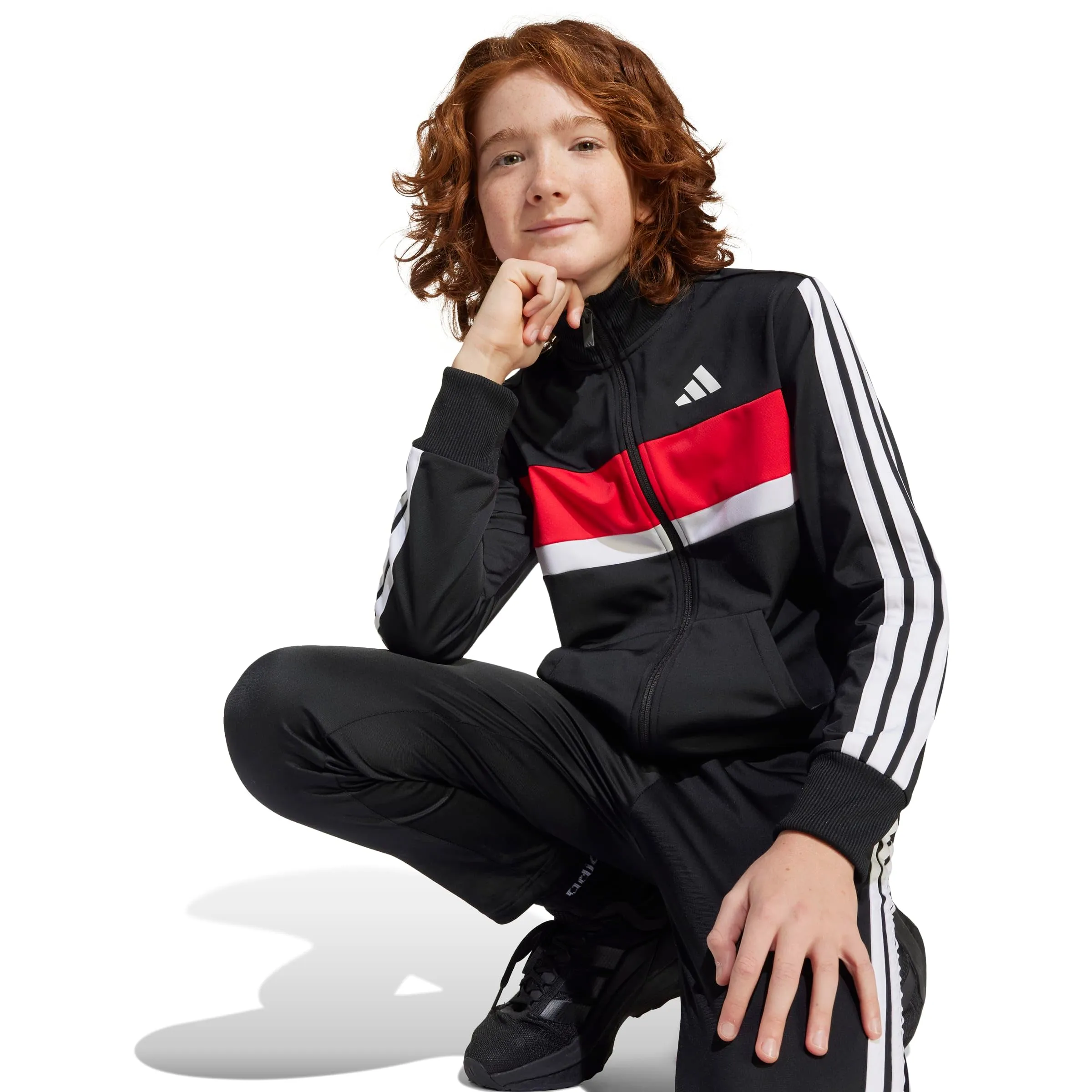 adidas Seasonal Essentials Tiberio 3 Stripes Tricot Track Suit, Black/White/Pure Ruby, 13-14 Years - immagine 5