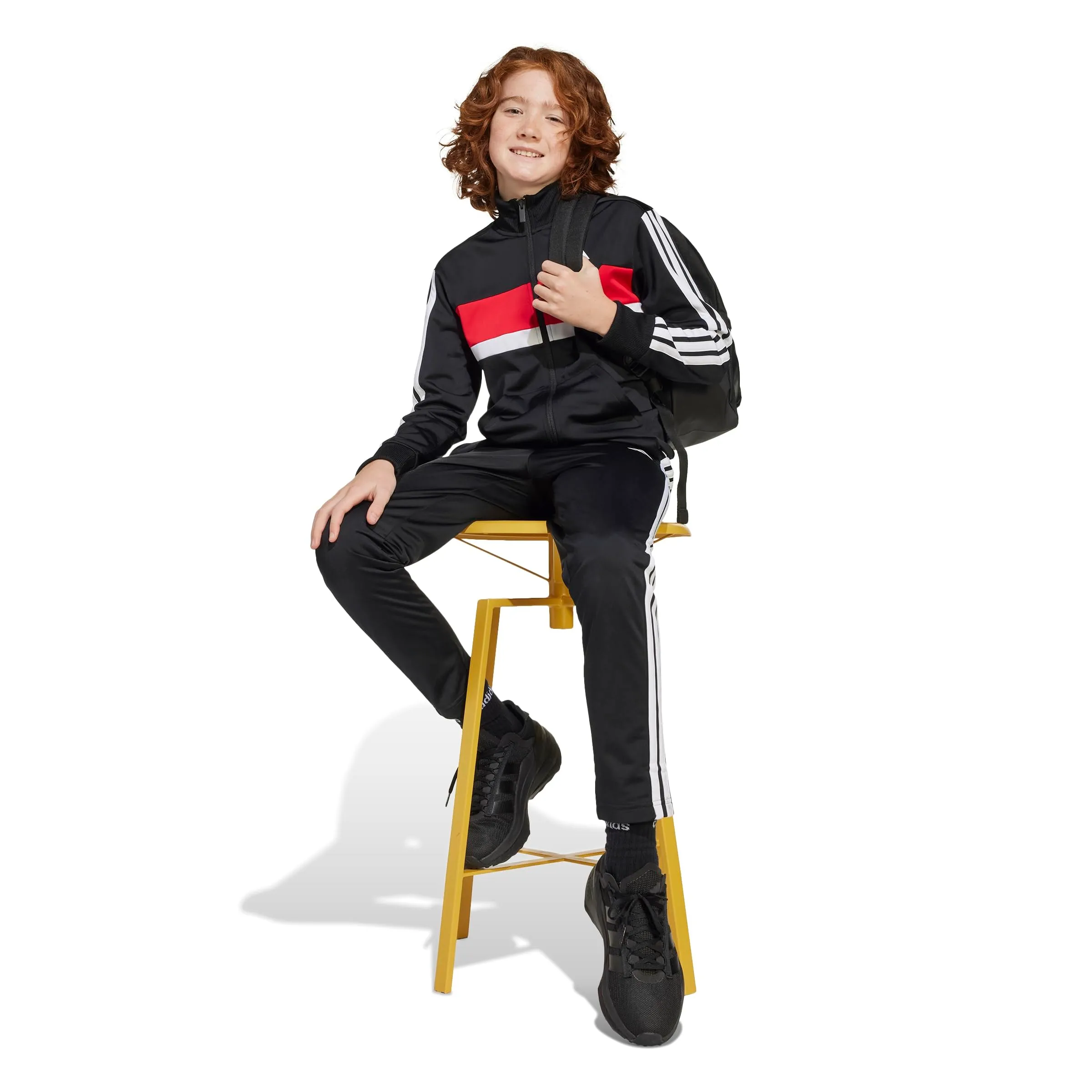 adidas Seasonal Essentials Tiberio 3 Stripes Tricot Track Suit, Black/White/Pure Ruby, 13-14 Years - immagine 6