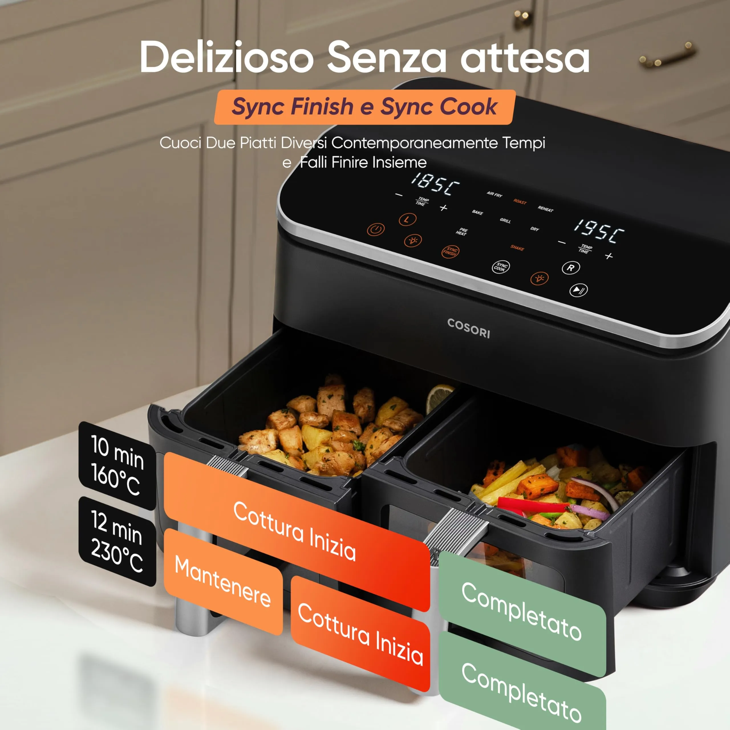 Cosori Friggitrice ad Aria Doppio Cestello 8,5L con Finestra, Nero - immagine 2