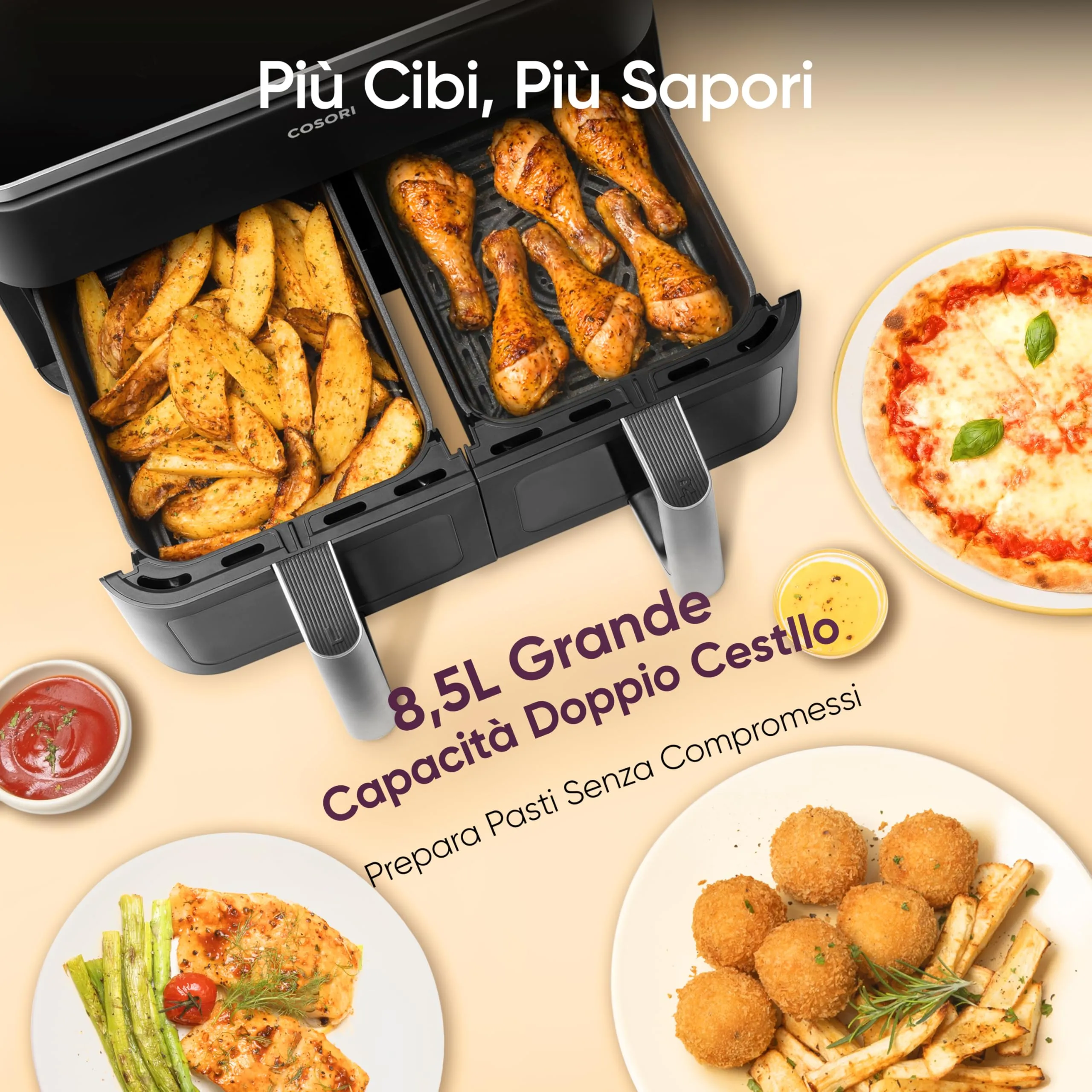Cosori Friggitrice ad Aria Doppio Cestello 8,5L con Finestra, Nero - immagine 3