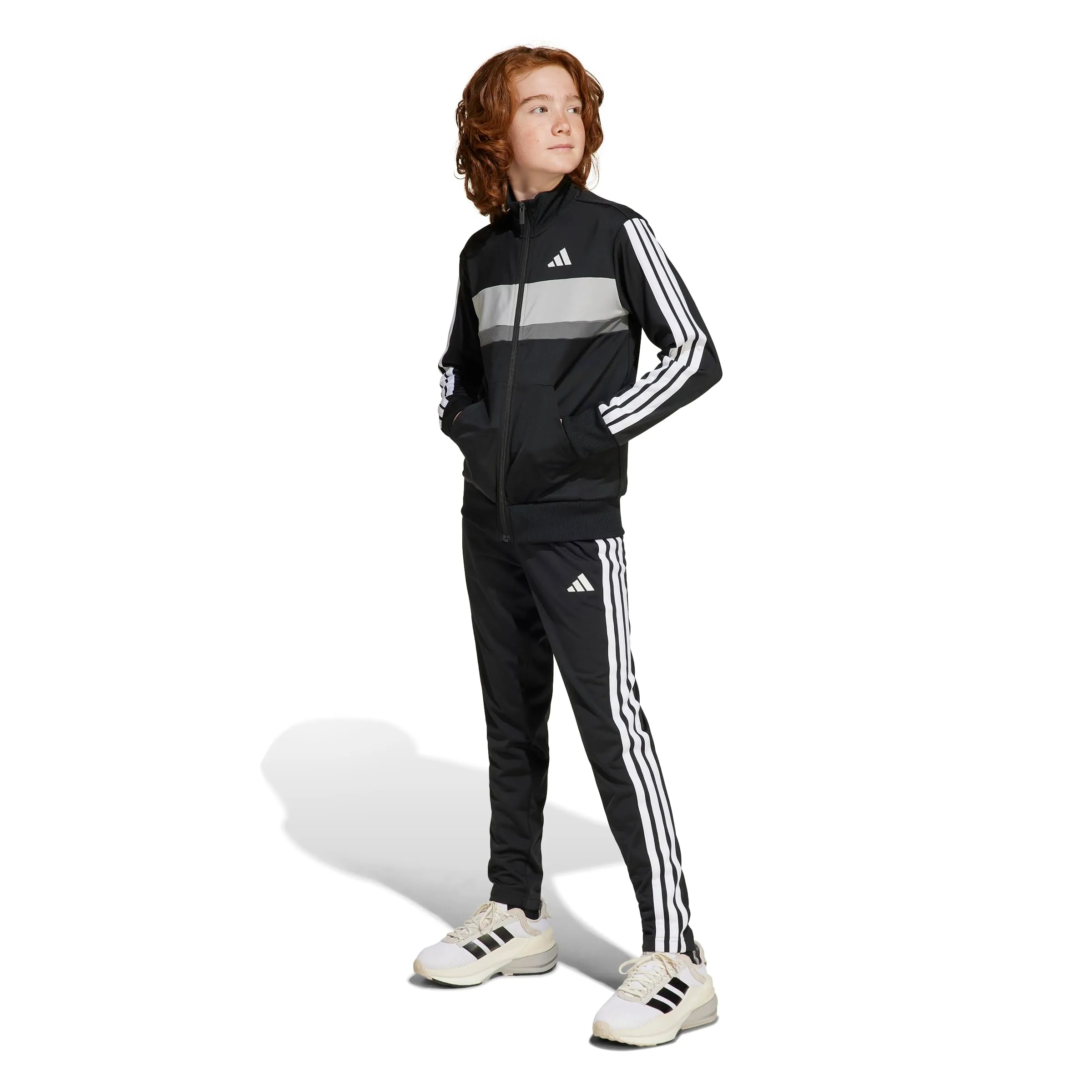 adidas Seasonal Essentials Tiberio 3 Stripes Tricot Track Suit, Black/White/Grey Two, 15-16 Years - immagine 3