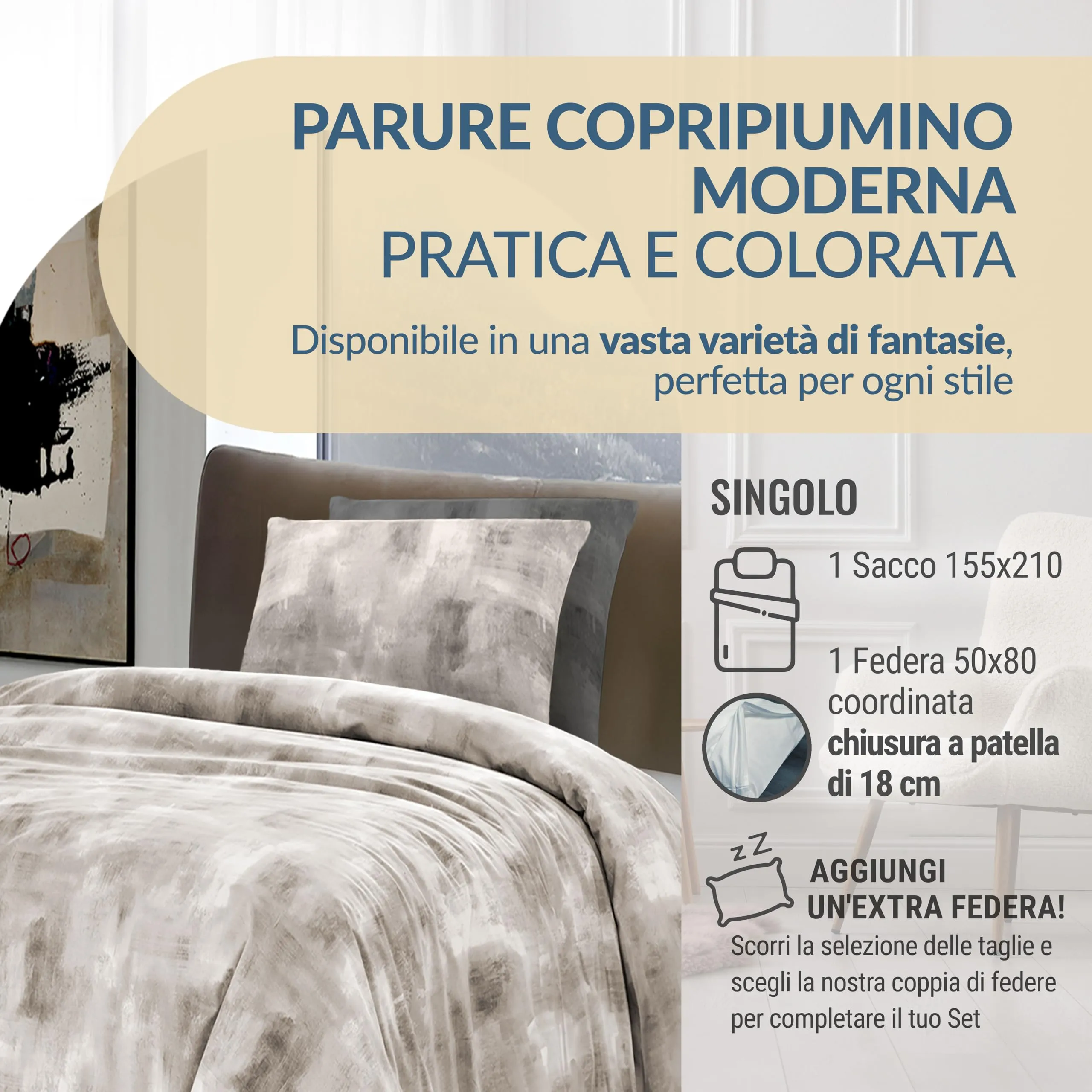 Dorian Home Copripiumino Singolo in Cotone 155x210 cm con Federa, Nebula Beige - immagine 2