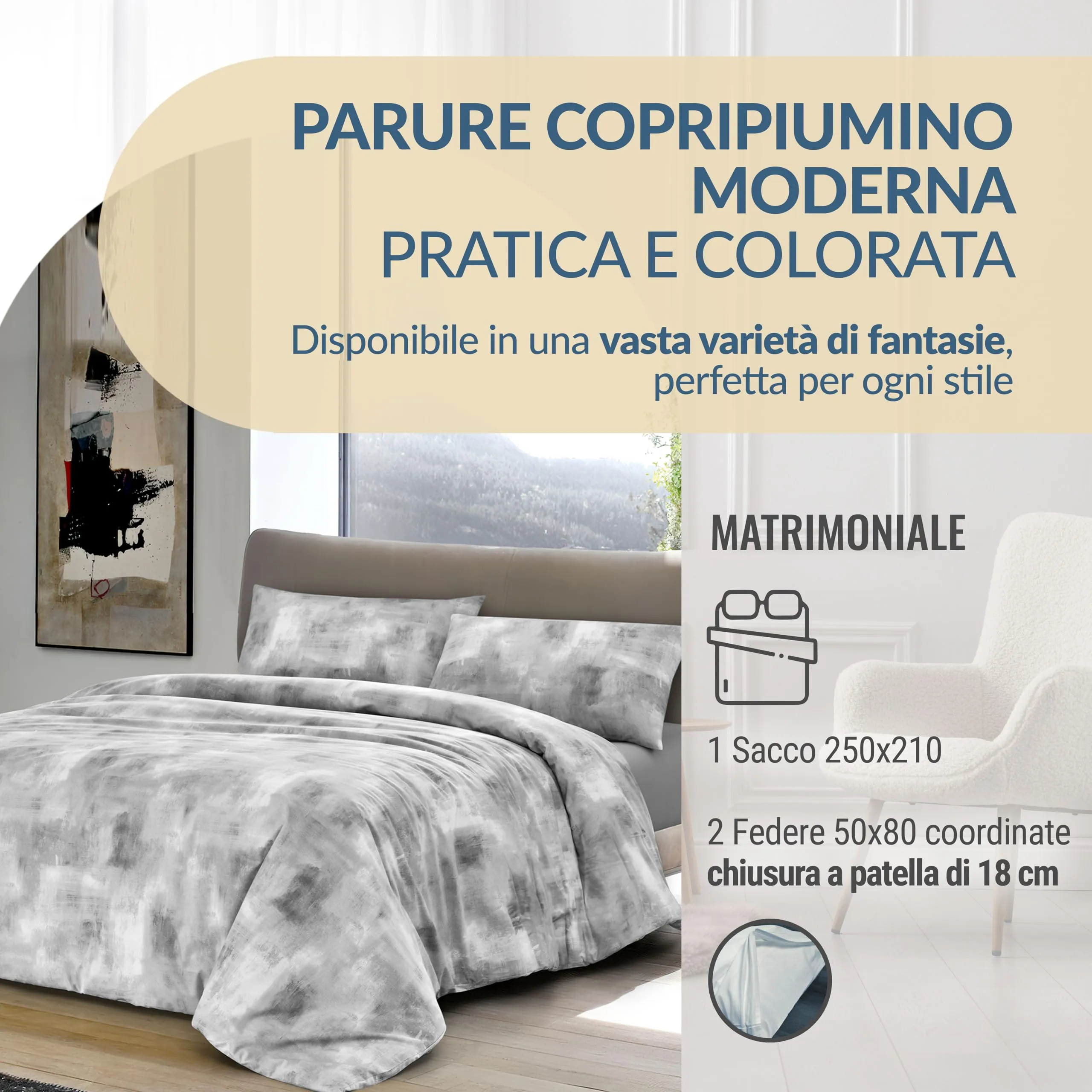 Dorian Home Copripiumino Matrimoniale in Cotone 250x210 cm con 2 Federe, Nebula Grigio - immagine 2