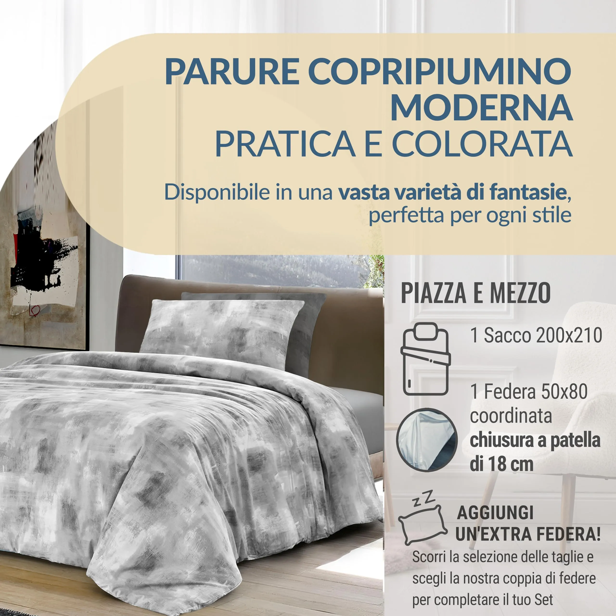 Dorian Home Copripiumino Una Piazza e Mezza in Cotone 200x210 cm con Federa - immagine 2