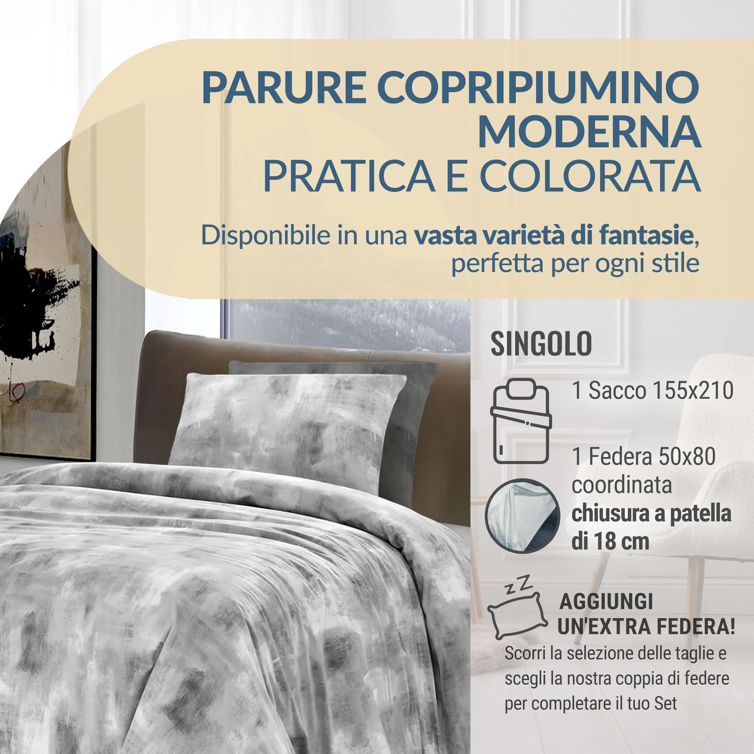 Dorian Home Copripiumino Singolo in Cotone 155x210 cm con Federa, Nebula Grigio - immagine 2